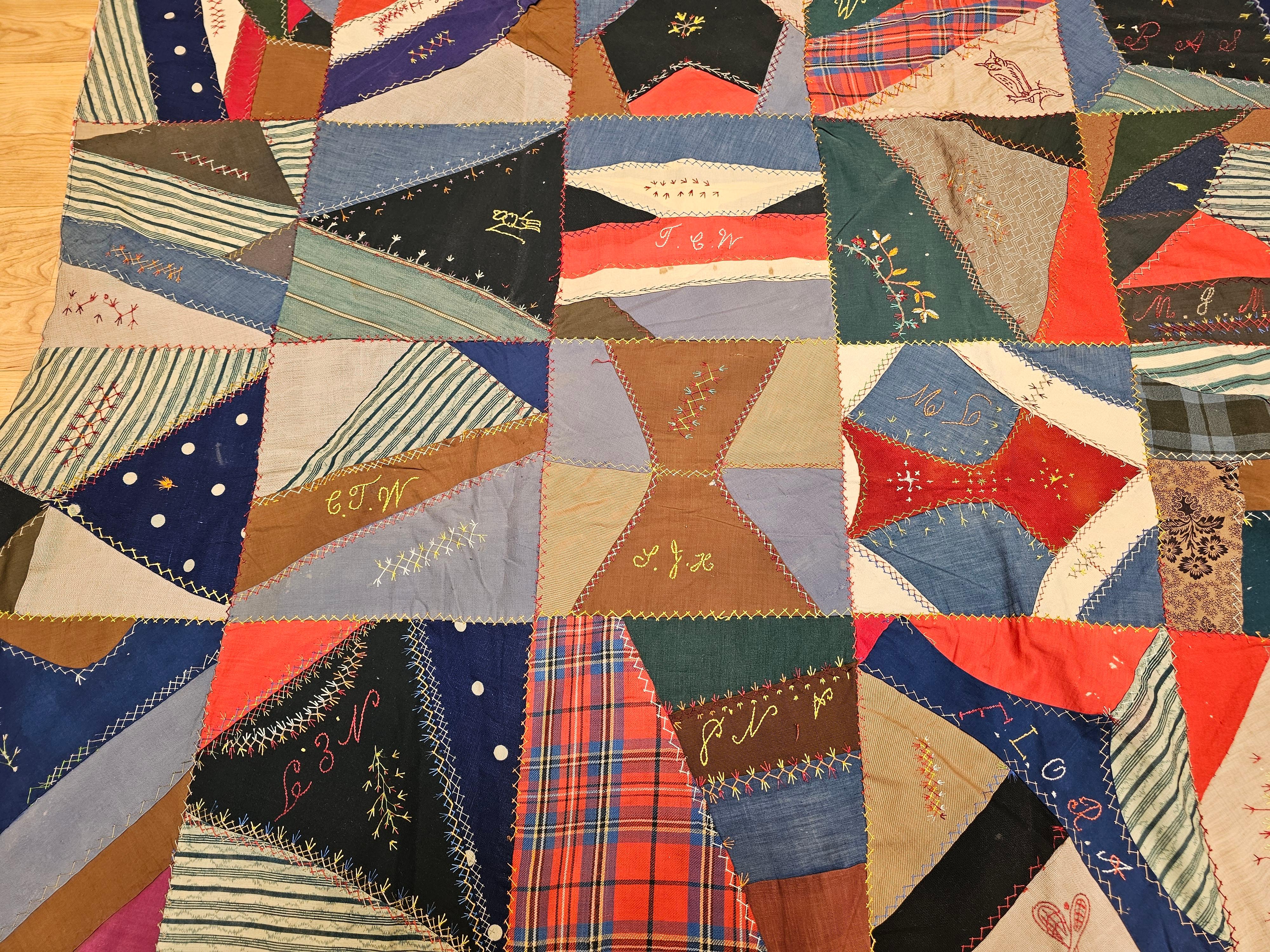 19th Century Society Crazy Quilt in Turquoise, Pink, Yellow, Navy, Green, Red For Sale 2