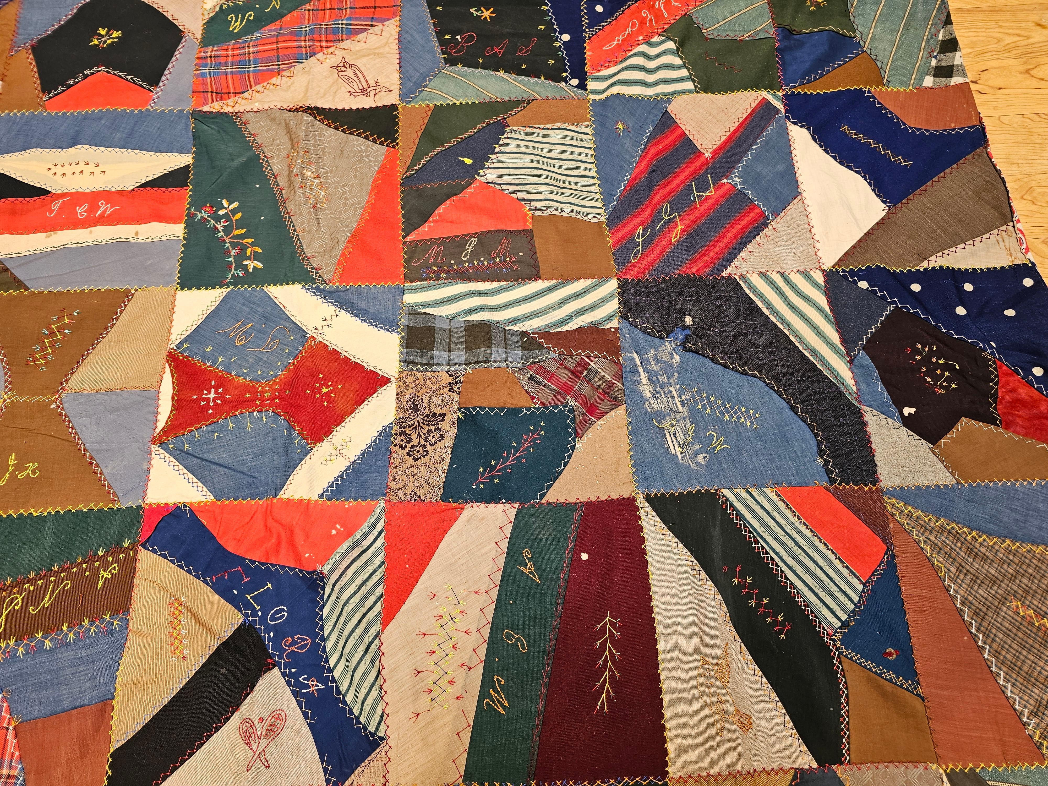 19th Century Society Crazy Quilt in Turquoise, Pink, Yellow, Navy, Green, Red For Sale 3