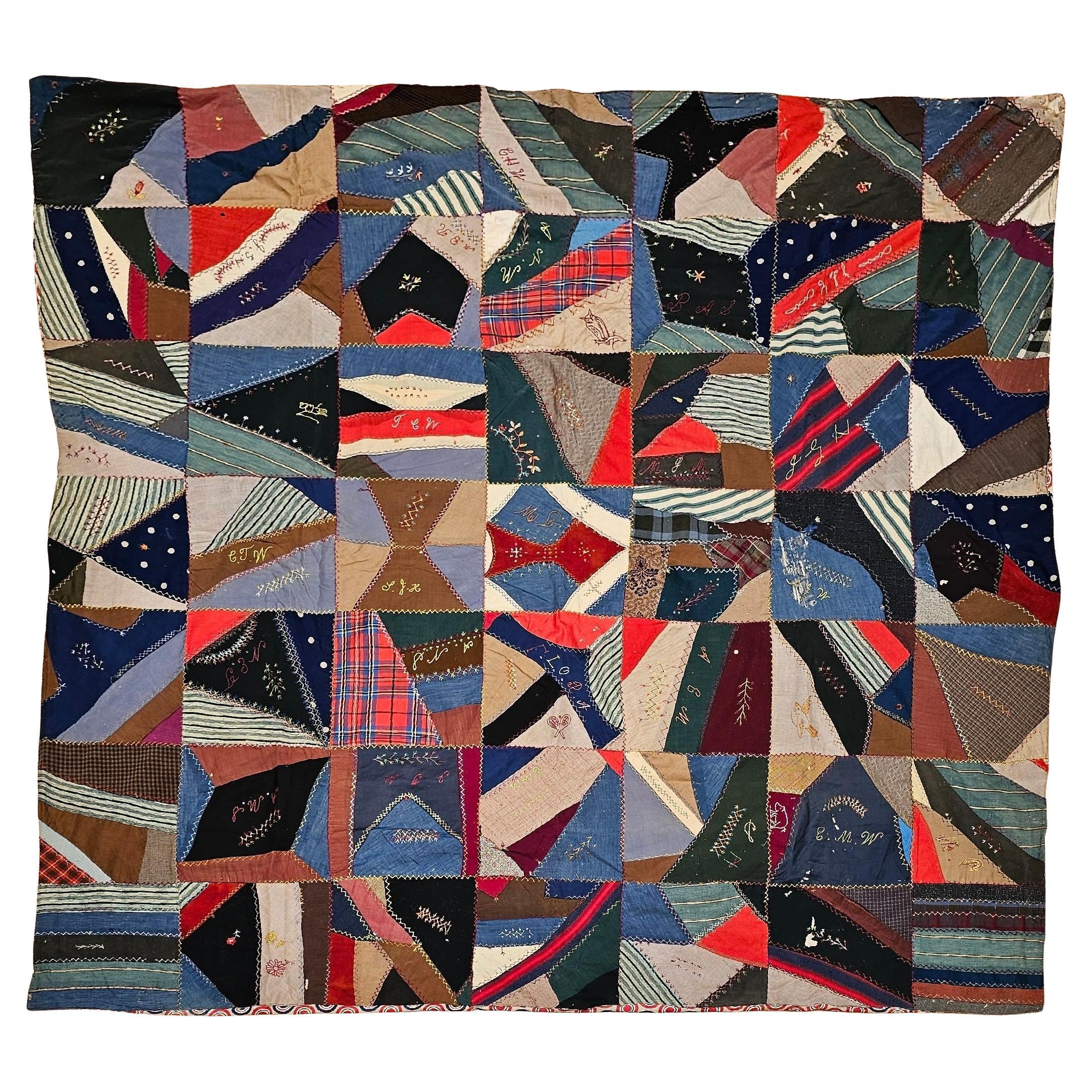 19th Century Society Crazy Quilt in Turquoise, Pink, Yellow, Navy, Green, Red For Sale