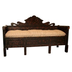 Antique 19th Century Sofa, Bed, Origin Scandinavia, Folk Art, Country Piece, Black, Red