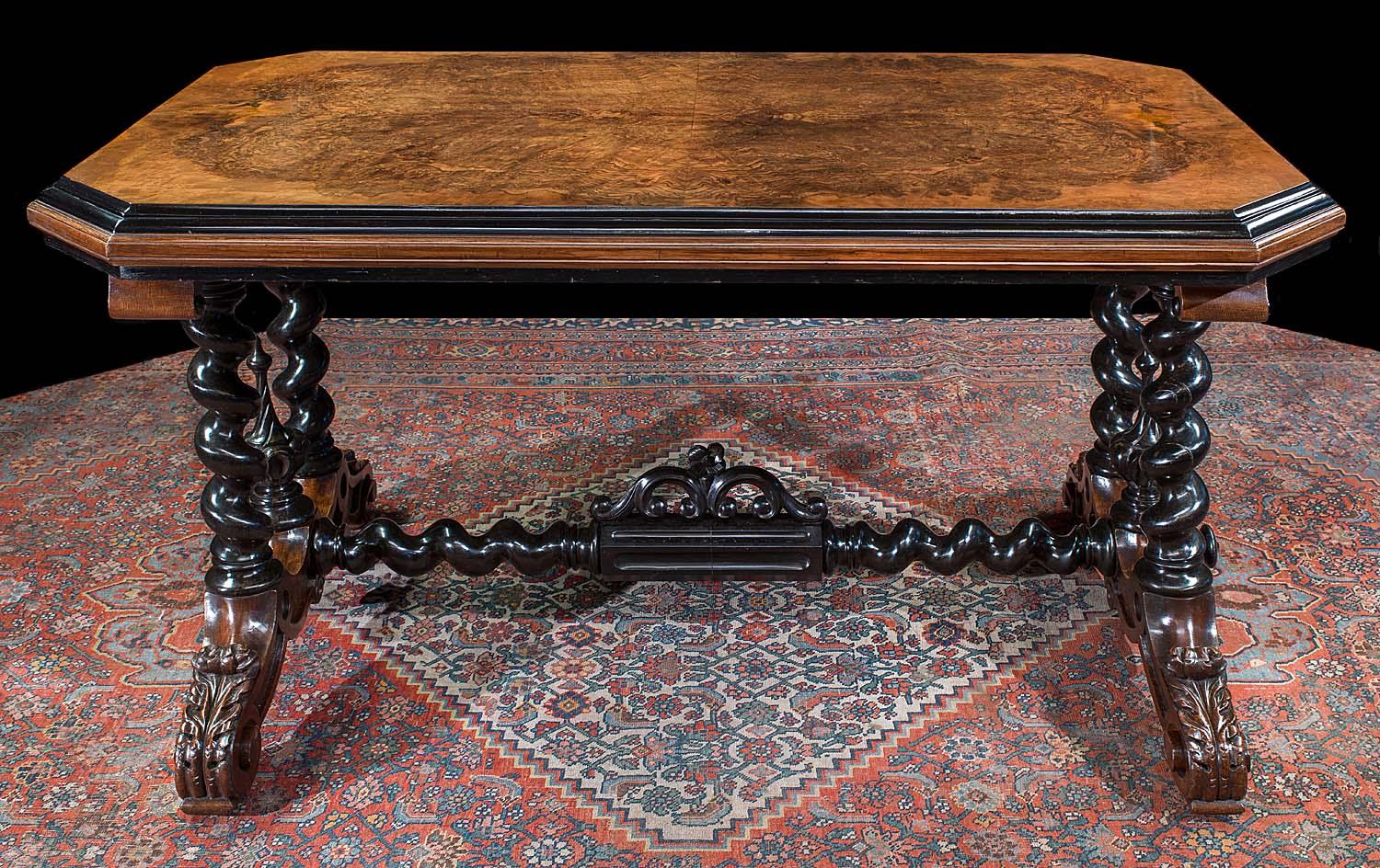 High Victorian 19th Century Solid Ebony and Walnut Centre Table