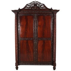 Antique 19th Century Solid Flame Mahogany Anglo Indian Armoire Wardrobe Linen Press