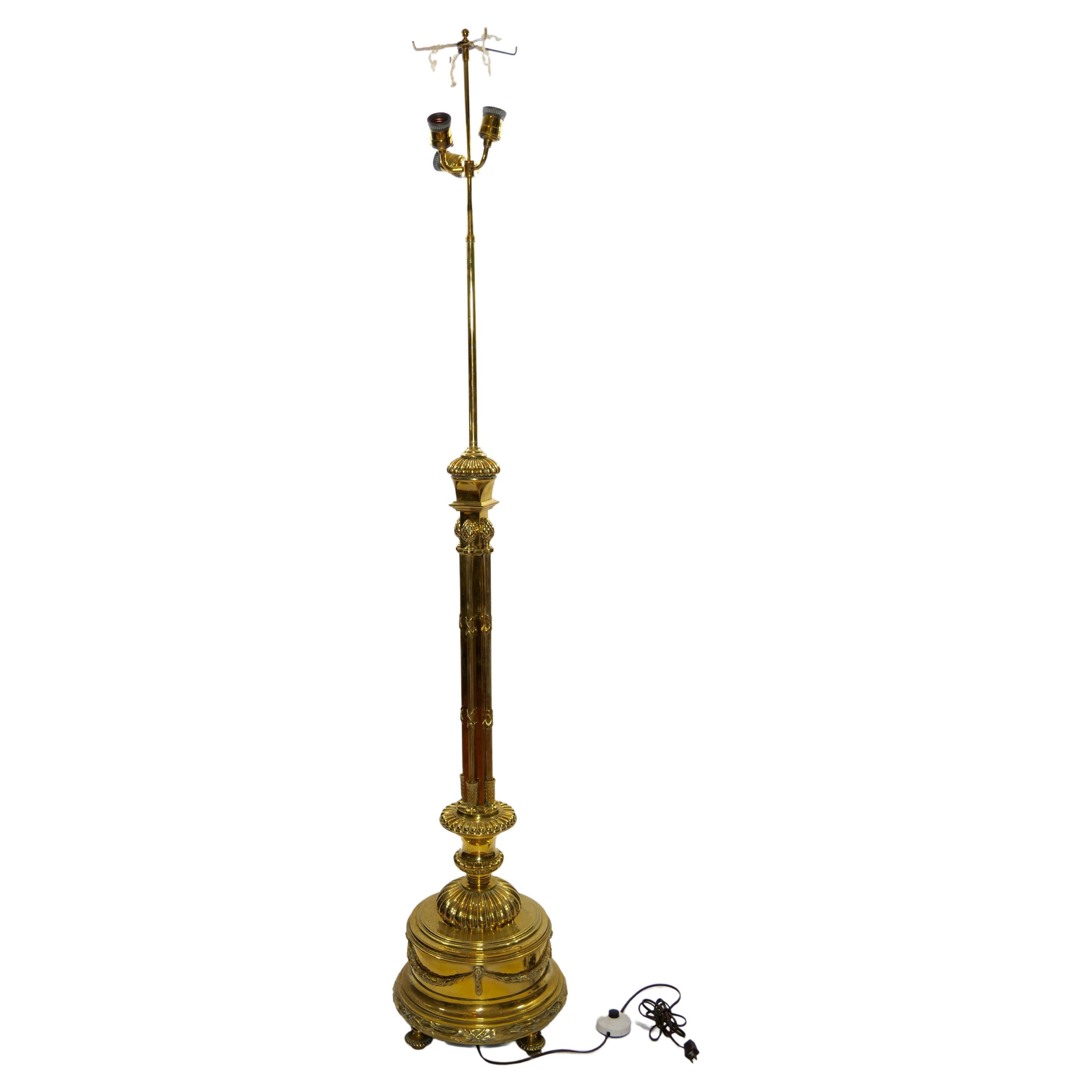 Hollywood Regency 19th Century Solid Gilt Brass / Footed Round Base Floor Lamp