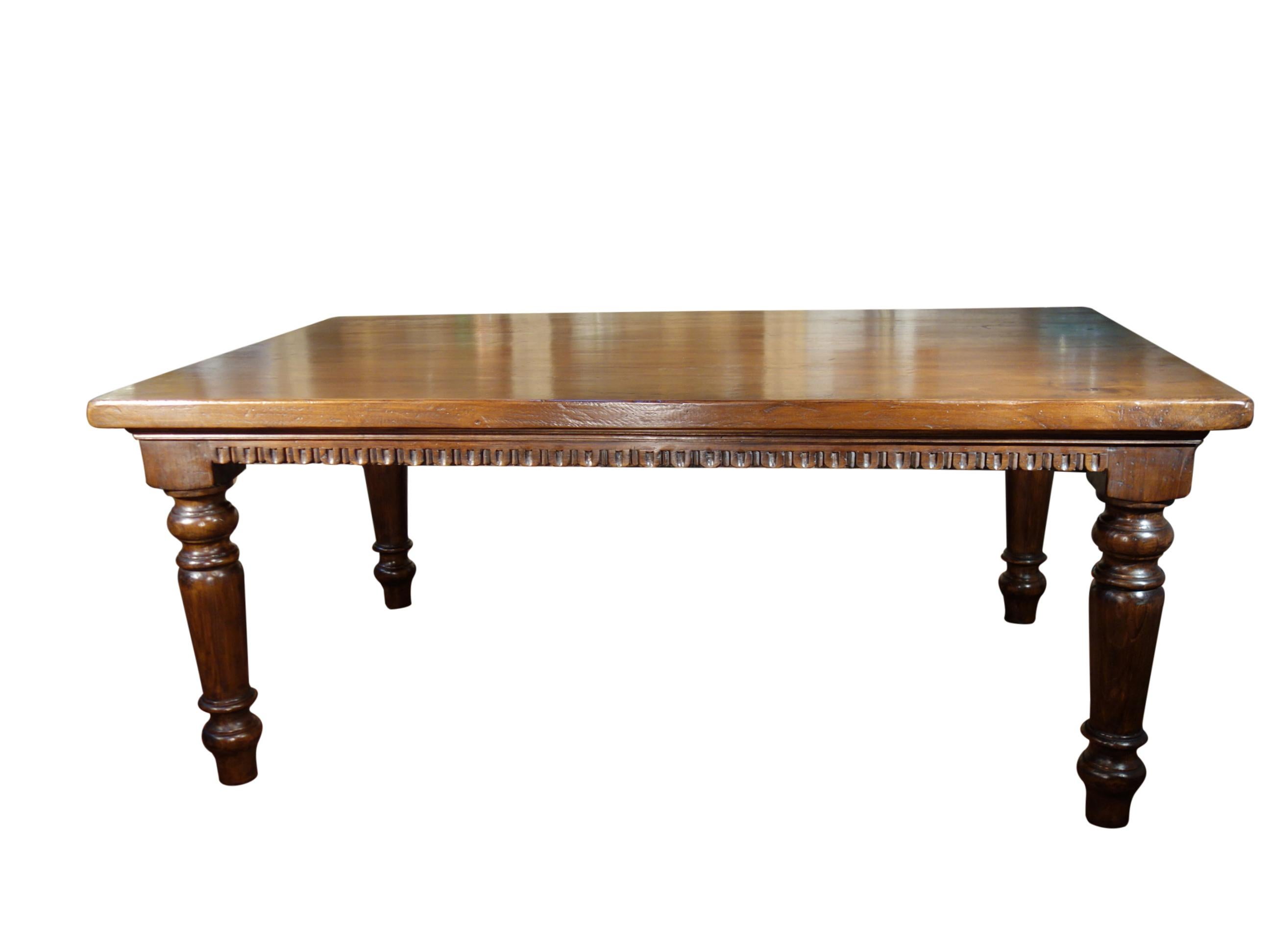 Hand-Crafted 19th C Style Solid Italian TORINO Walnut Table Renaissance Dentil custom size For Sale