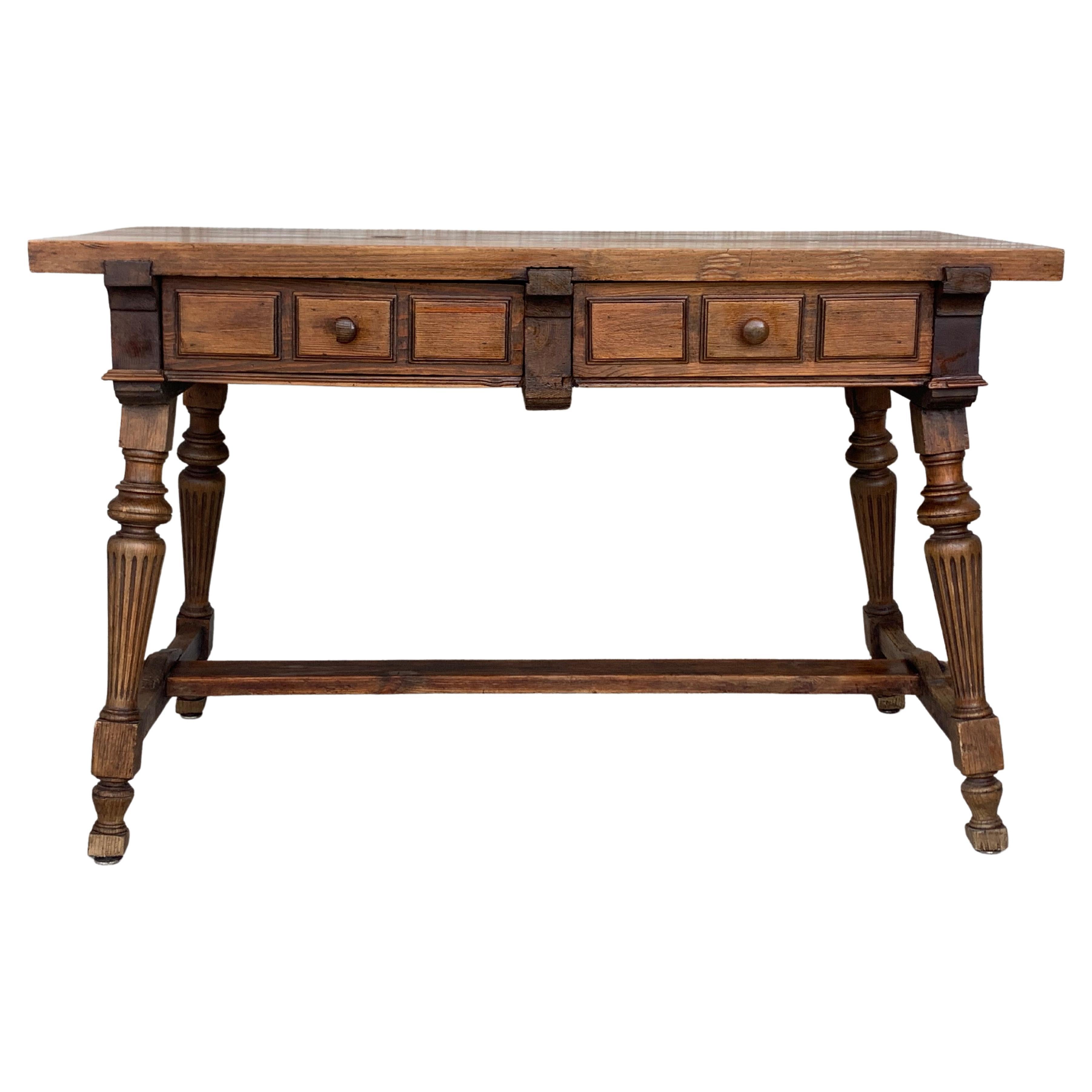 19th Century Solid Oak Baroque Fluted Legs Desk Writing Table or Console