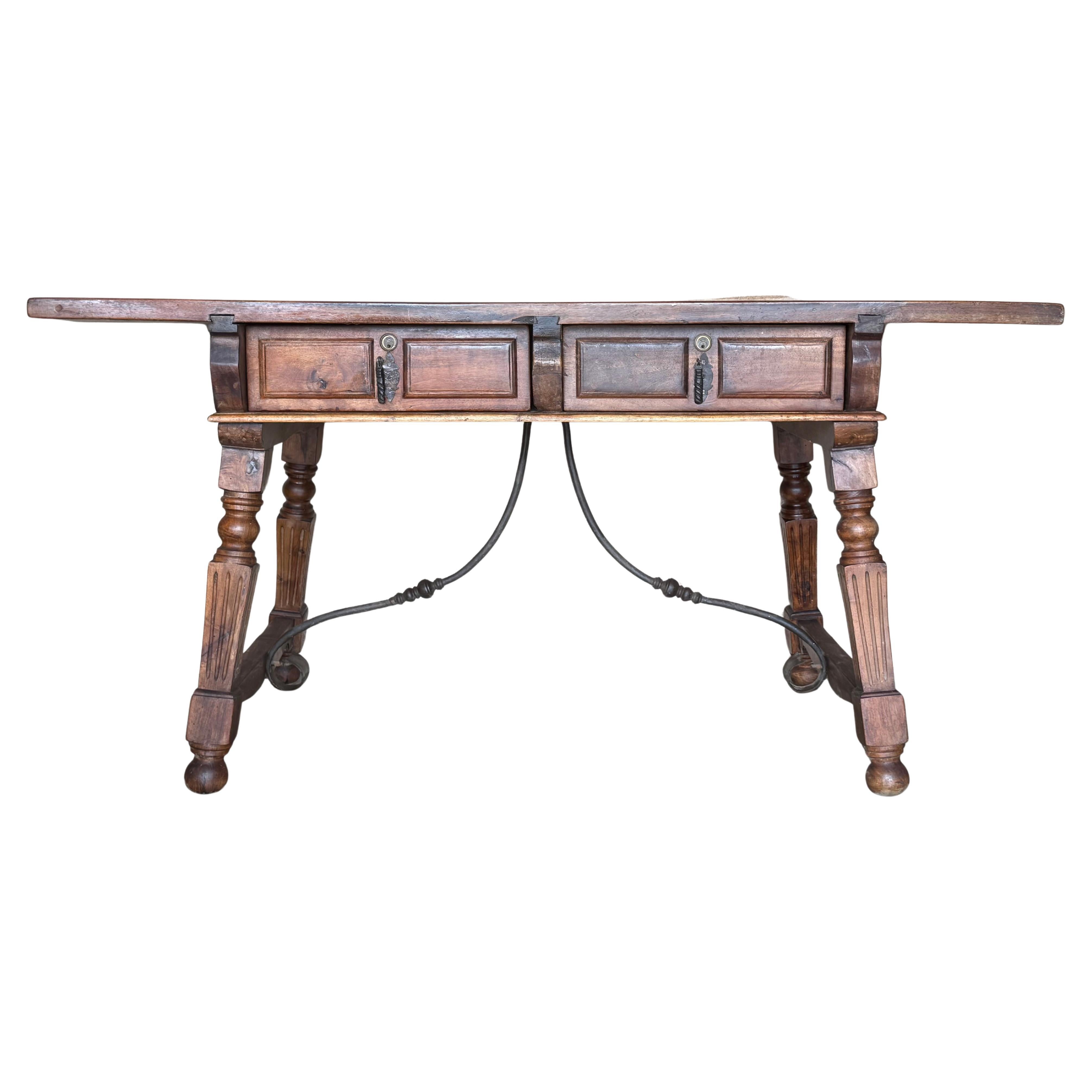 19th Century Solid Oak Baroque Fluted Legs Desk Writing Table or Console