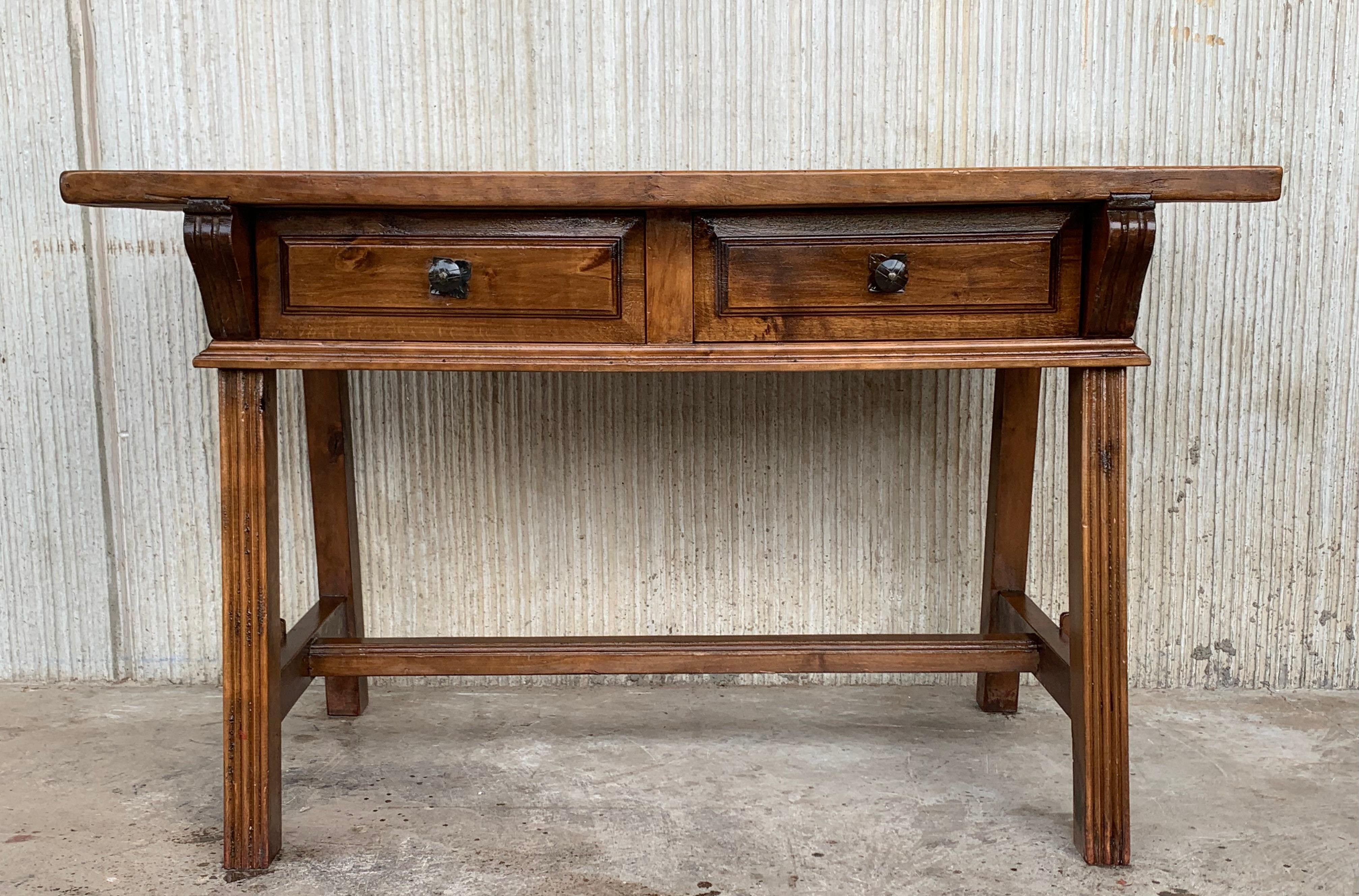 Spanish 19th Century Solid Oak Baroque Trestle Desk Writing Table or Console For Sale