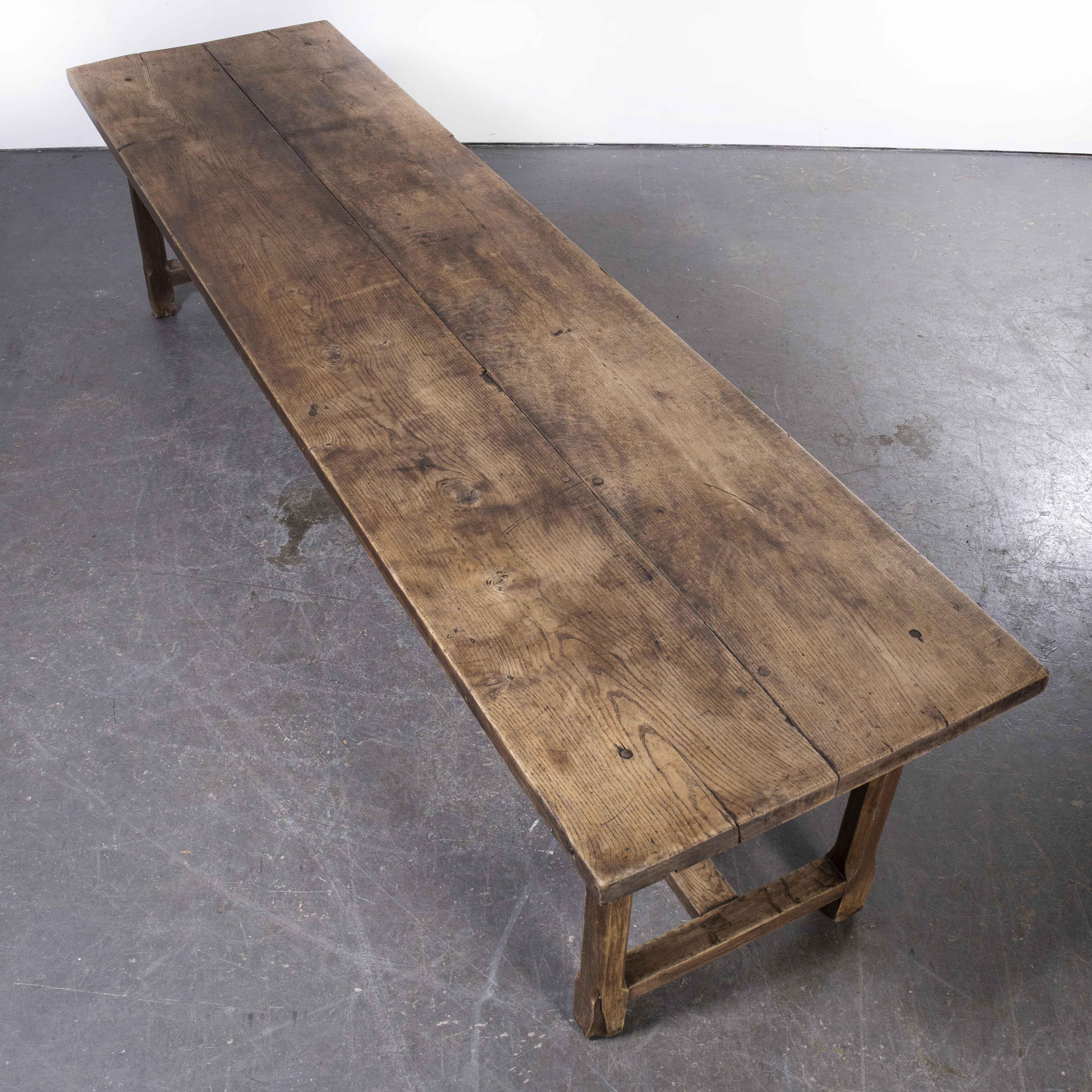 19th century solid oak large French Chateau dining table
19th century solid oak large French Chateau dining table. One of the best (and heaviest) tables we have stocked. At 3.2 metres long this is a very large and totally originally table. Handmade