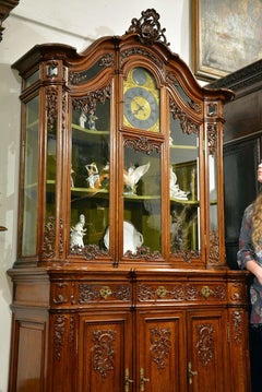 19th Century Solid Oak Rococo Style Cupboard with H Bury A Paris Clock