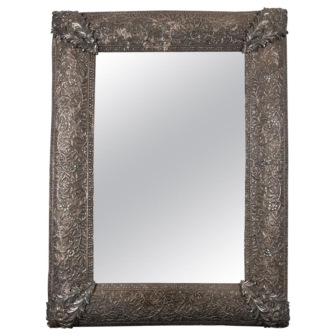 19th Century Solid Silver Mughal Indian Repoussé Mirror Frame For Sale