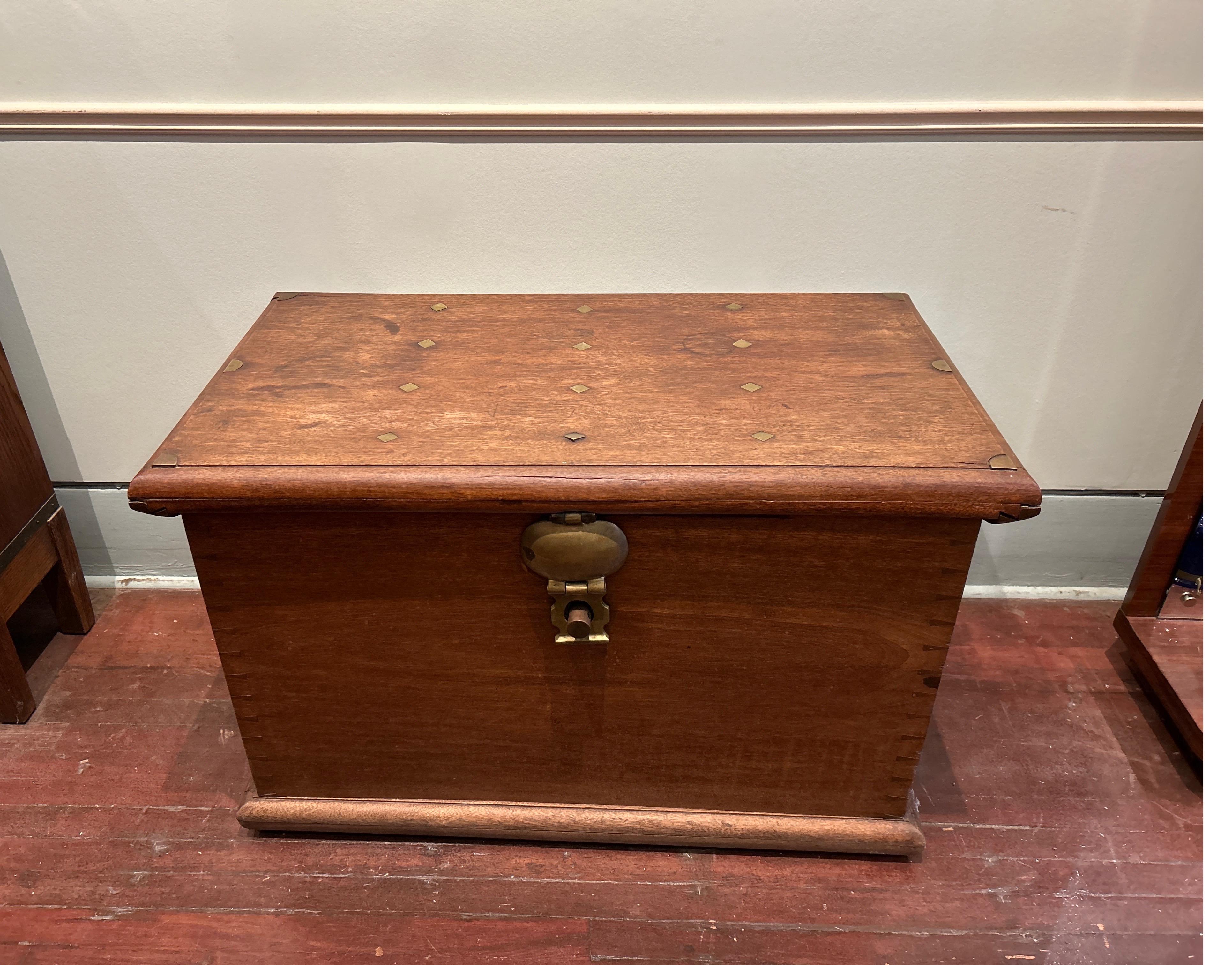 Indonesian 19th Century Solid Teak Dutch Colonial Chest Strongbox With Brass Hardware For Sale