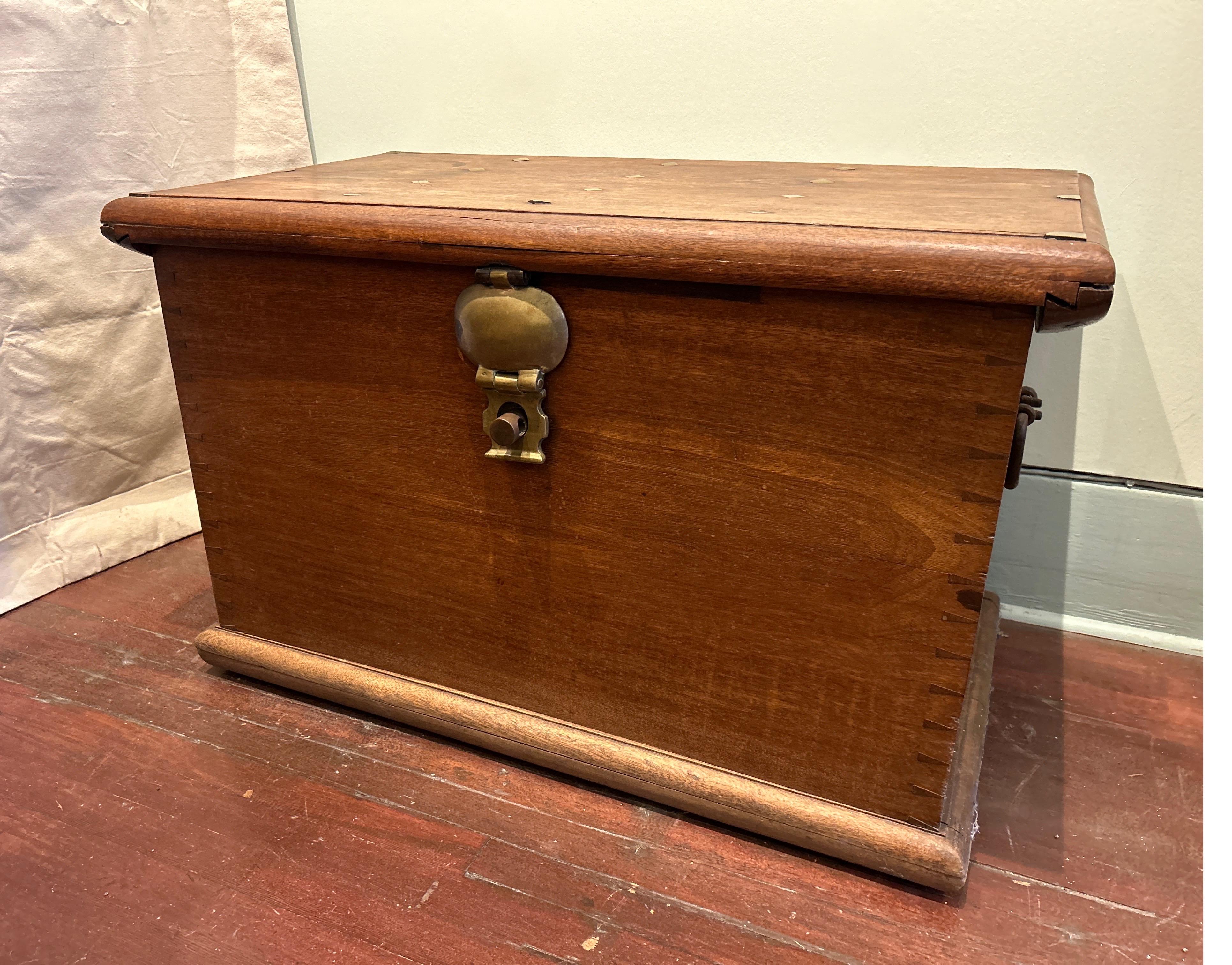 Hand-Crafted 19th Century Solid Teak Dutch Colonial Chest Strongbox With Brass Hardware For Sale
