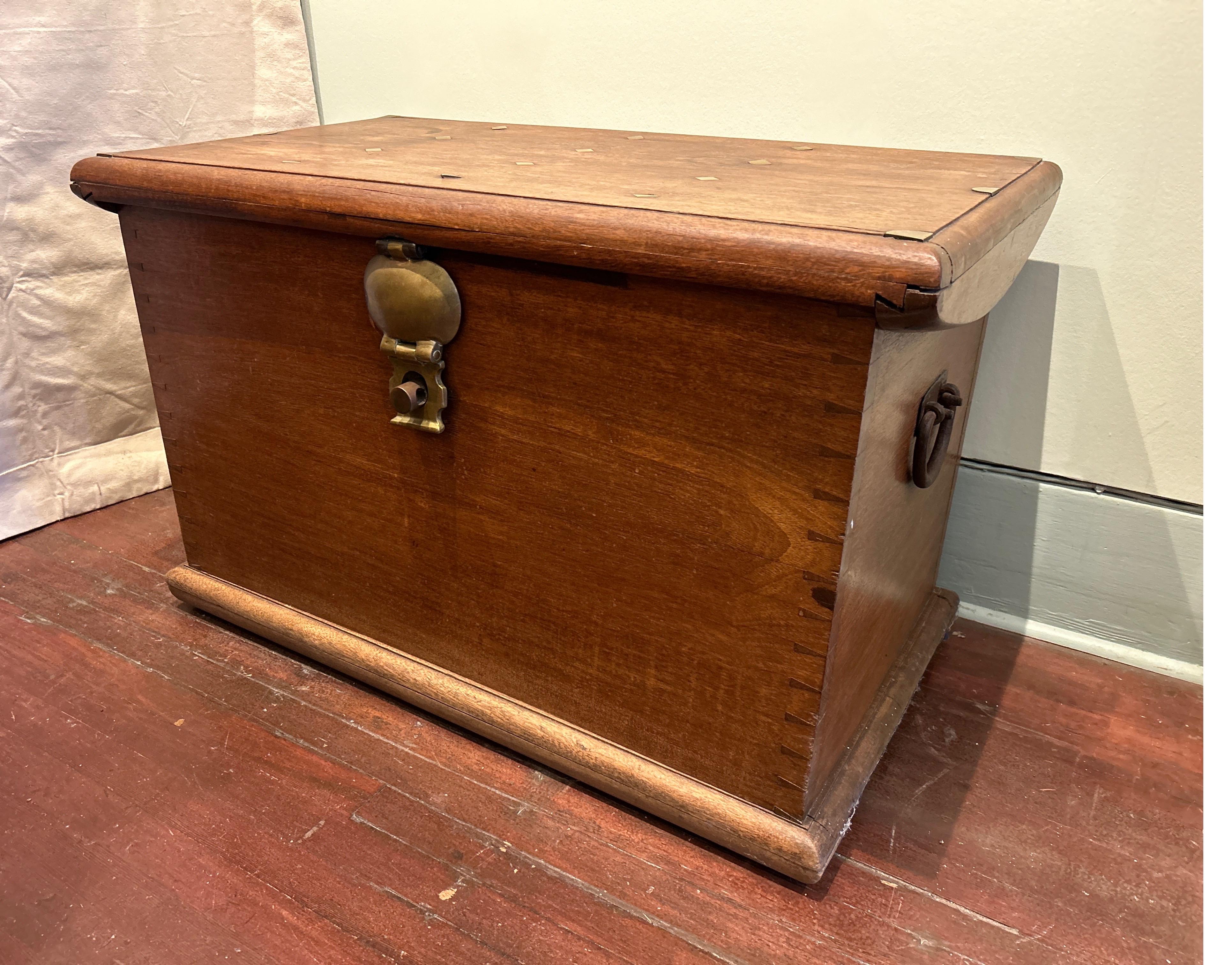 19th Century Solid Teak Dutch Colonial Chest Strongbox With Brass Hardware In Good Condition For Sale In Vancouver, British Columbia