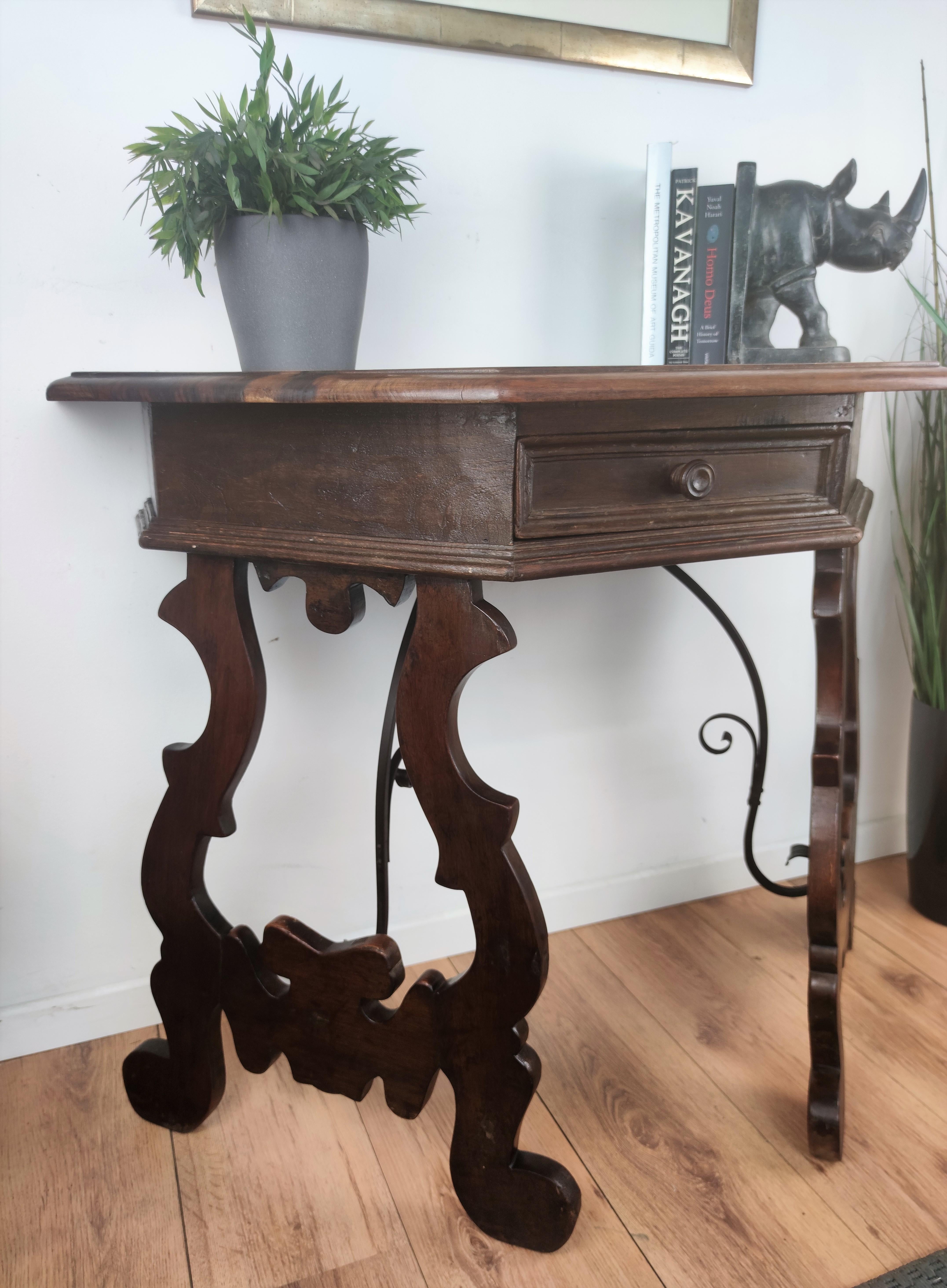 Wrought Iron 19th Century Solid Walnut Baroque Lyre-Leg Inlay Demi-Lune Console Table For Sale