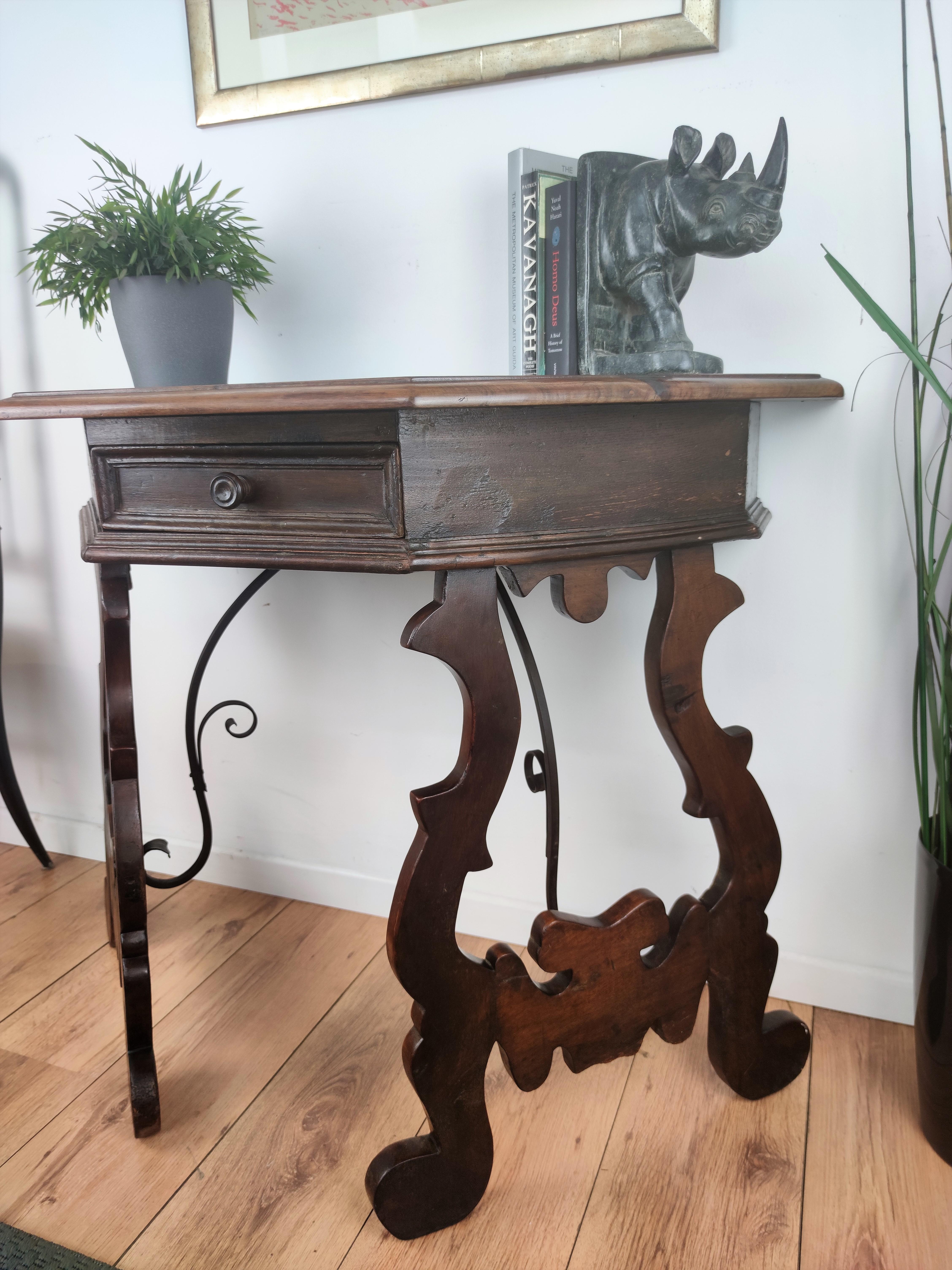 19th Century Solid Walnut Baroque Lyre-Leg Inlay Demi-Lune Console Table For Sale 1