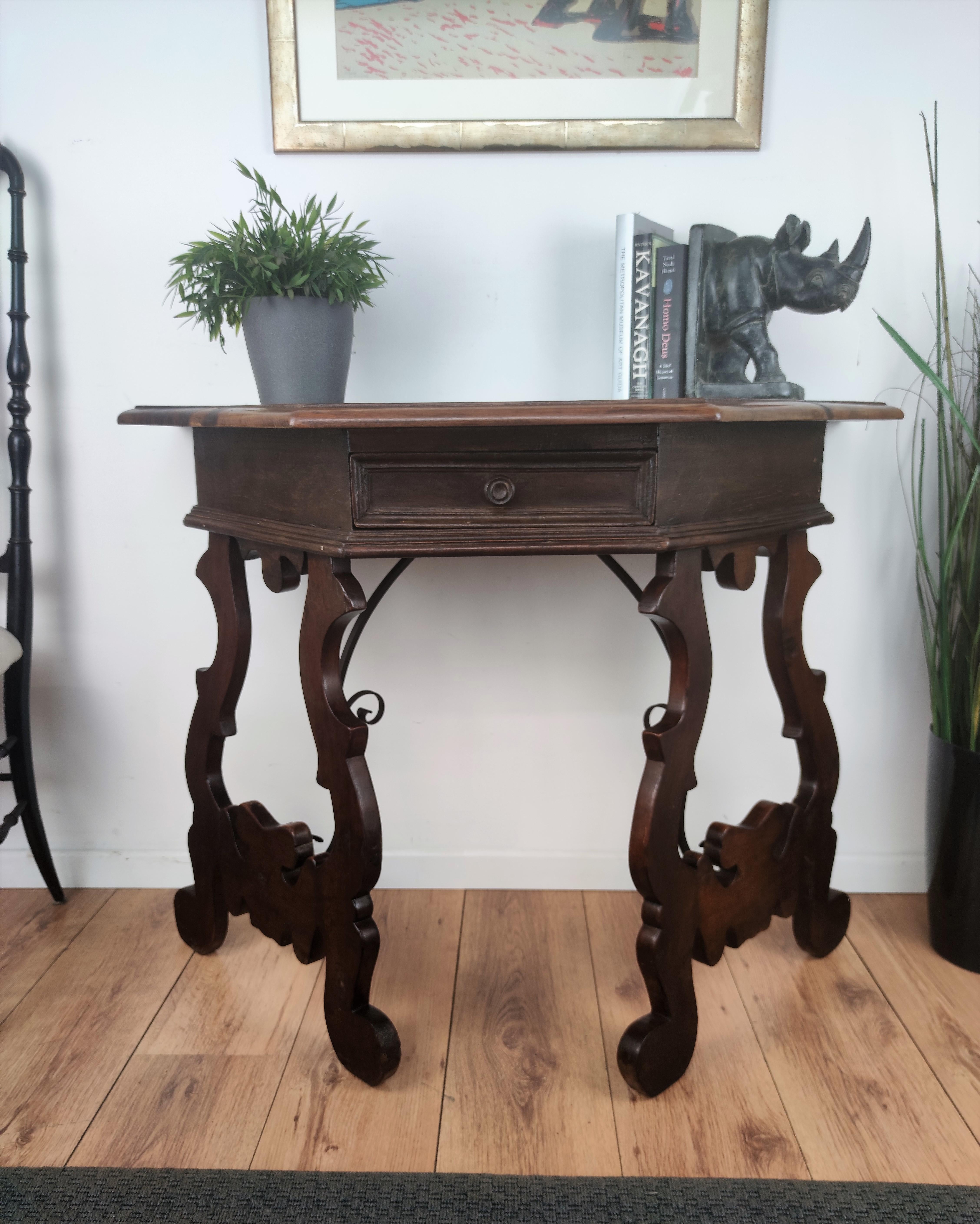 19th Century Solid Walnut Baroque Lyre-Leg Inlay Demi-Lune Console Table For Sale 2
