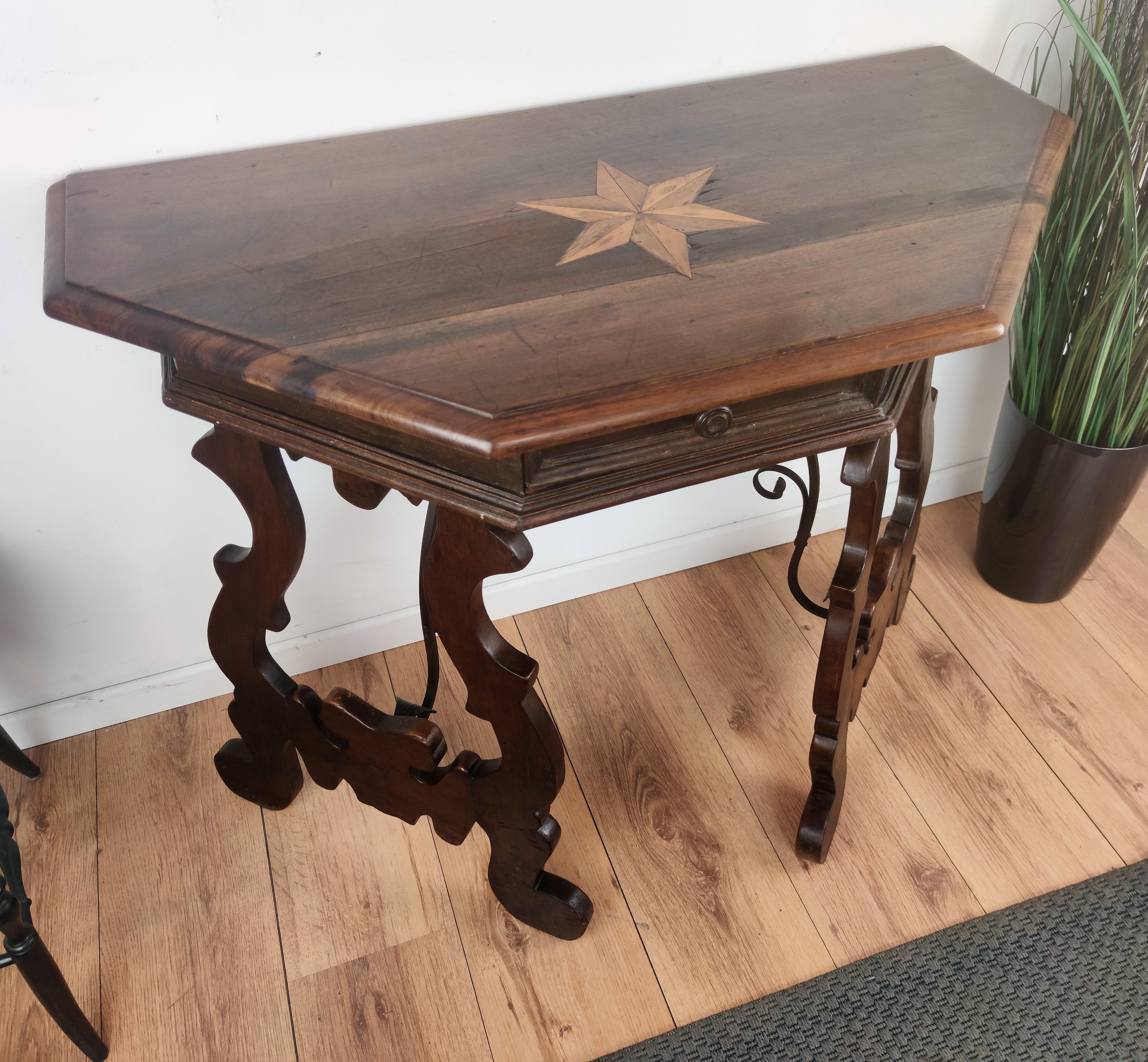 19th Century Solid Walnut Baroque Lyre-Leg Inlay Demi-Lune Console Table For Sale 3