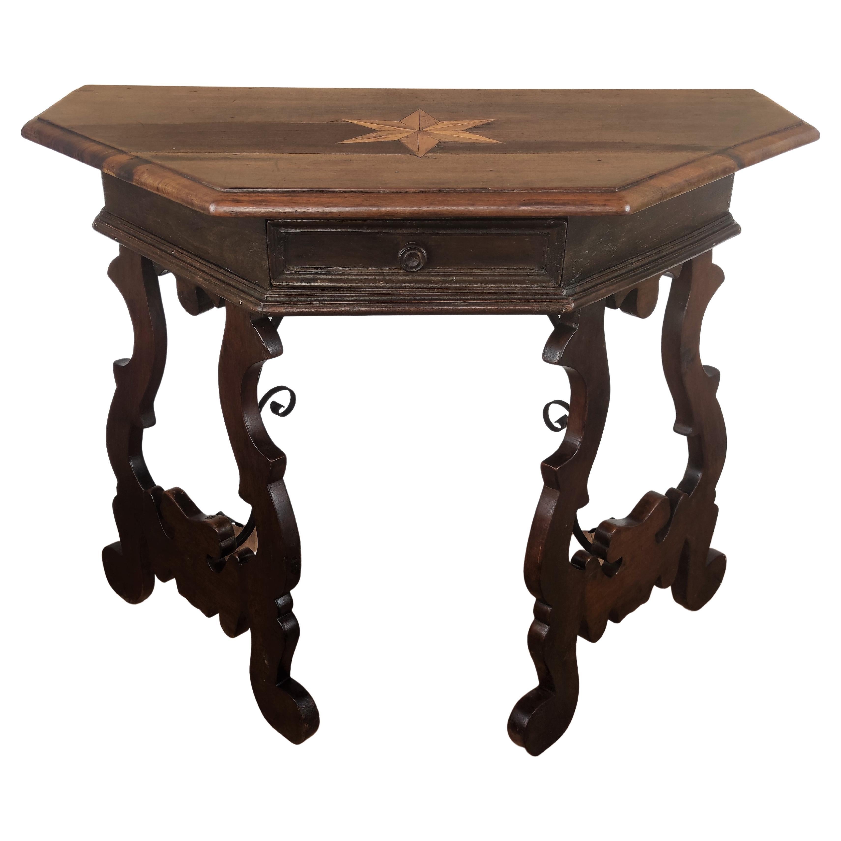 19th Century Solid Walnut Baroque Lyre-Leg Inlay Demi-Lune Console Table For Sale
