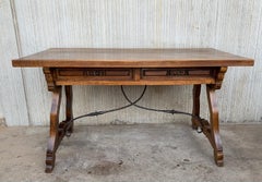 19th Century Solid Walnut Baroque Lyre-Leg Trestle Refectory Desk Writing Table