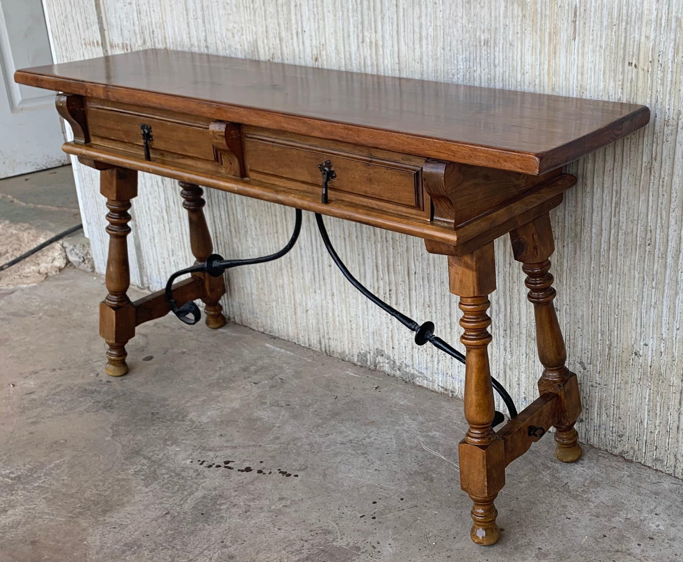 Spanish 19th Century Solid Walnut Baroque Lyre-Leg Trestle Refectory Desk Writing Table