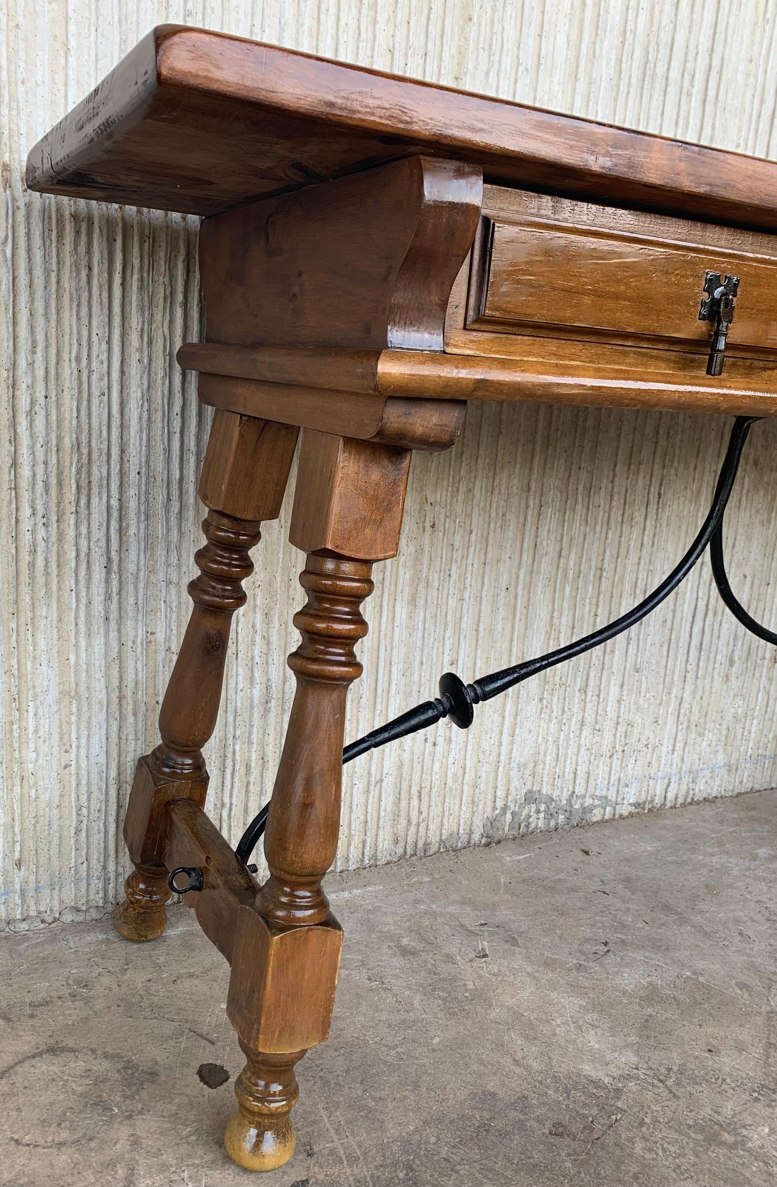 Iron 19th Century Solid Walnut Baroque Lyre-Leg Trestle Refectory Desk Writing Table