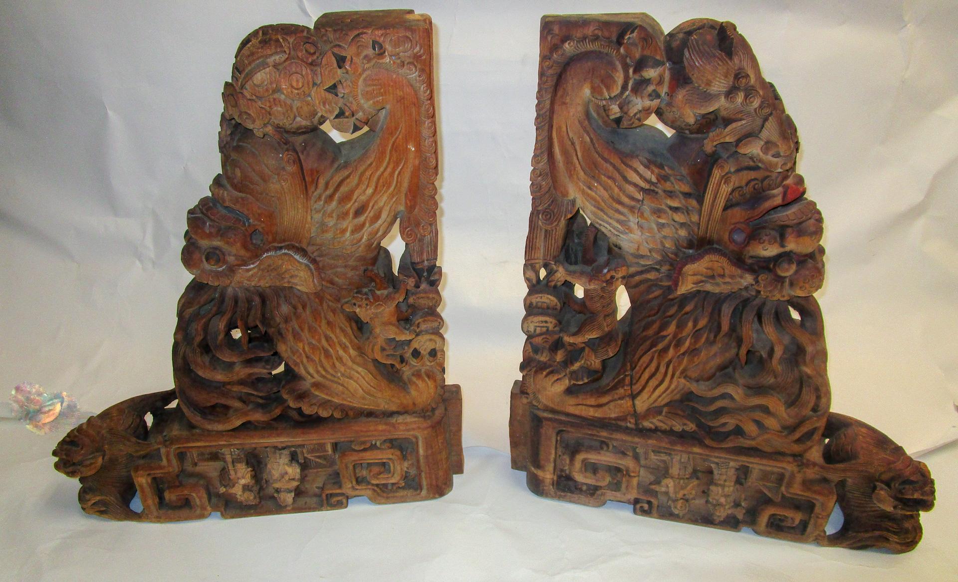 19th Century Asian Wooden Architectural Temple Carvings, Pair 13