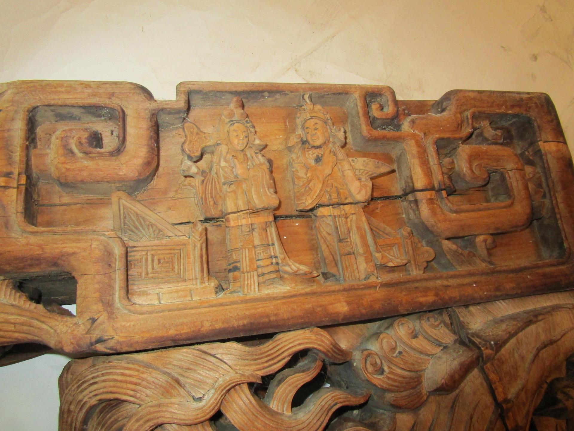 Hardwood 19th Century Asian Wooden Architectural Temple Carvings, Pair