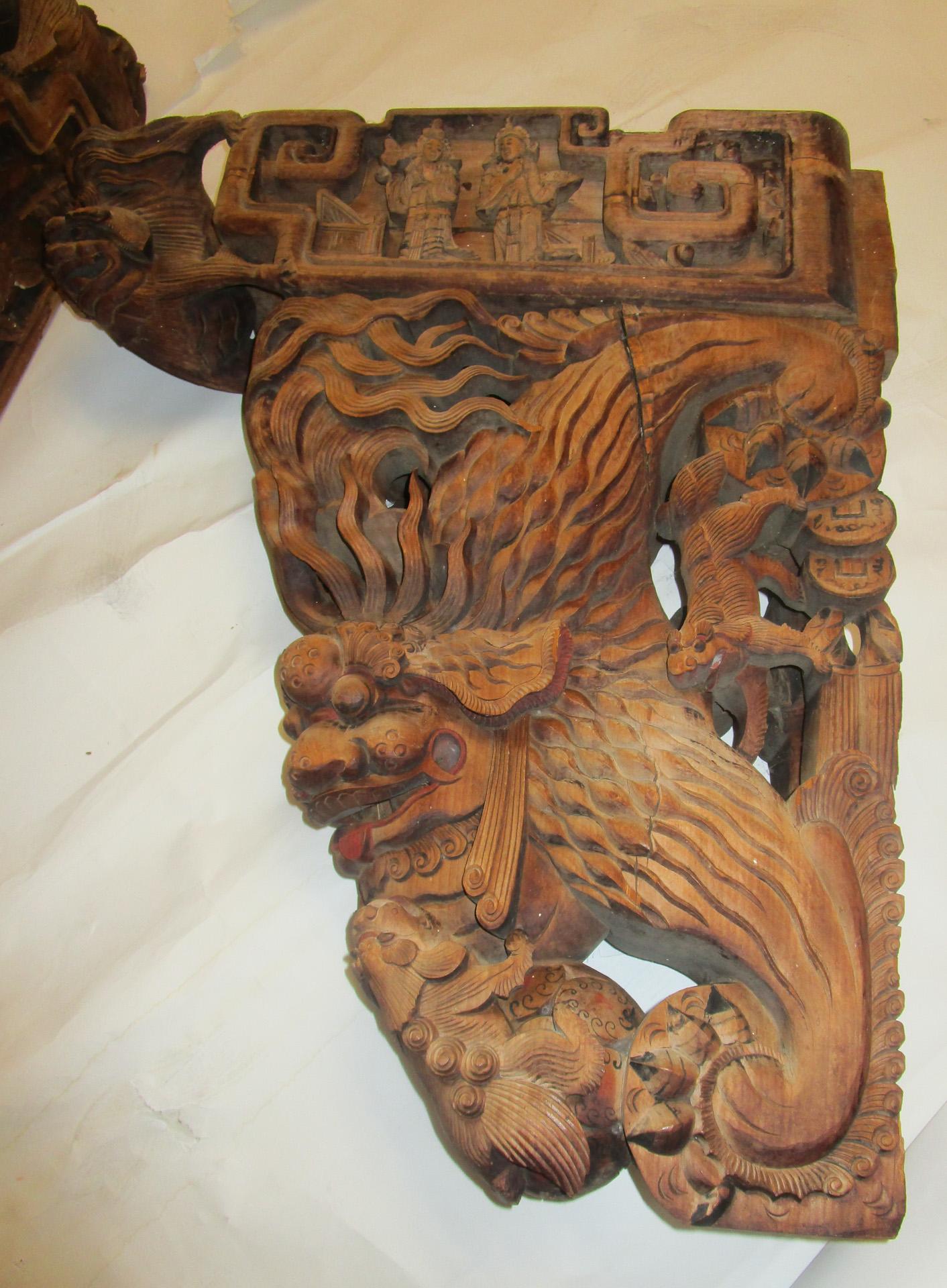 19th Century Asian Wooden Architectural Temple Carvings, Pair 1