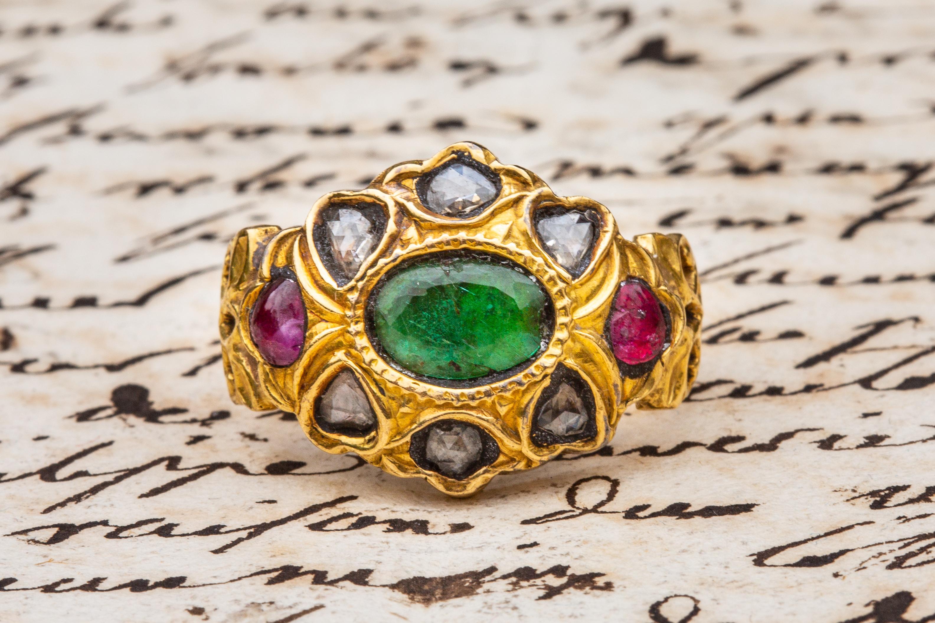 19th Century South Indian Gemstone Cluster Ring Emerald Rubies Diamond 3