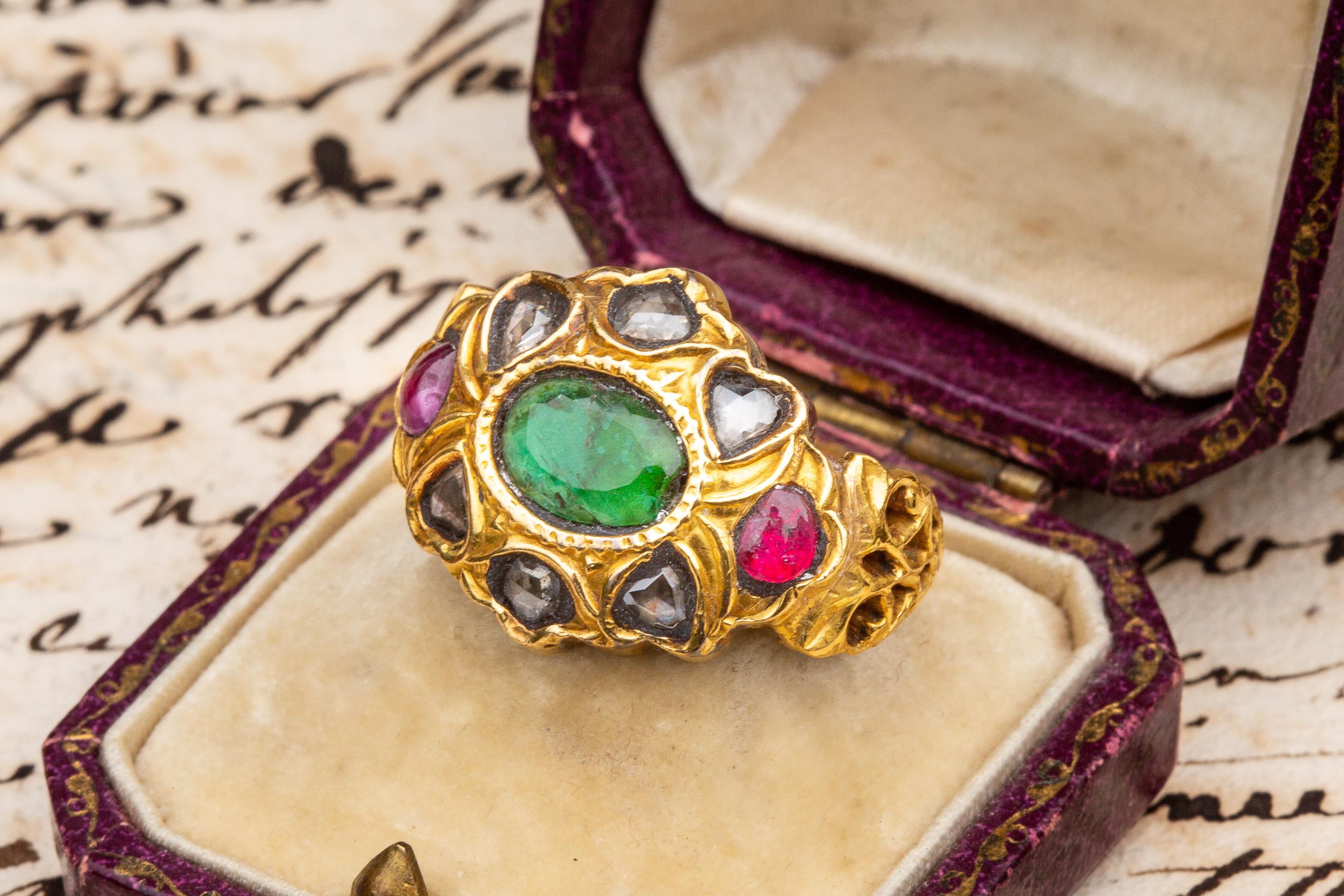 Anglo-Indian 19th Century South Indian Gemstone Cluster Ring Emerald Rubies Diamond