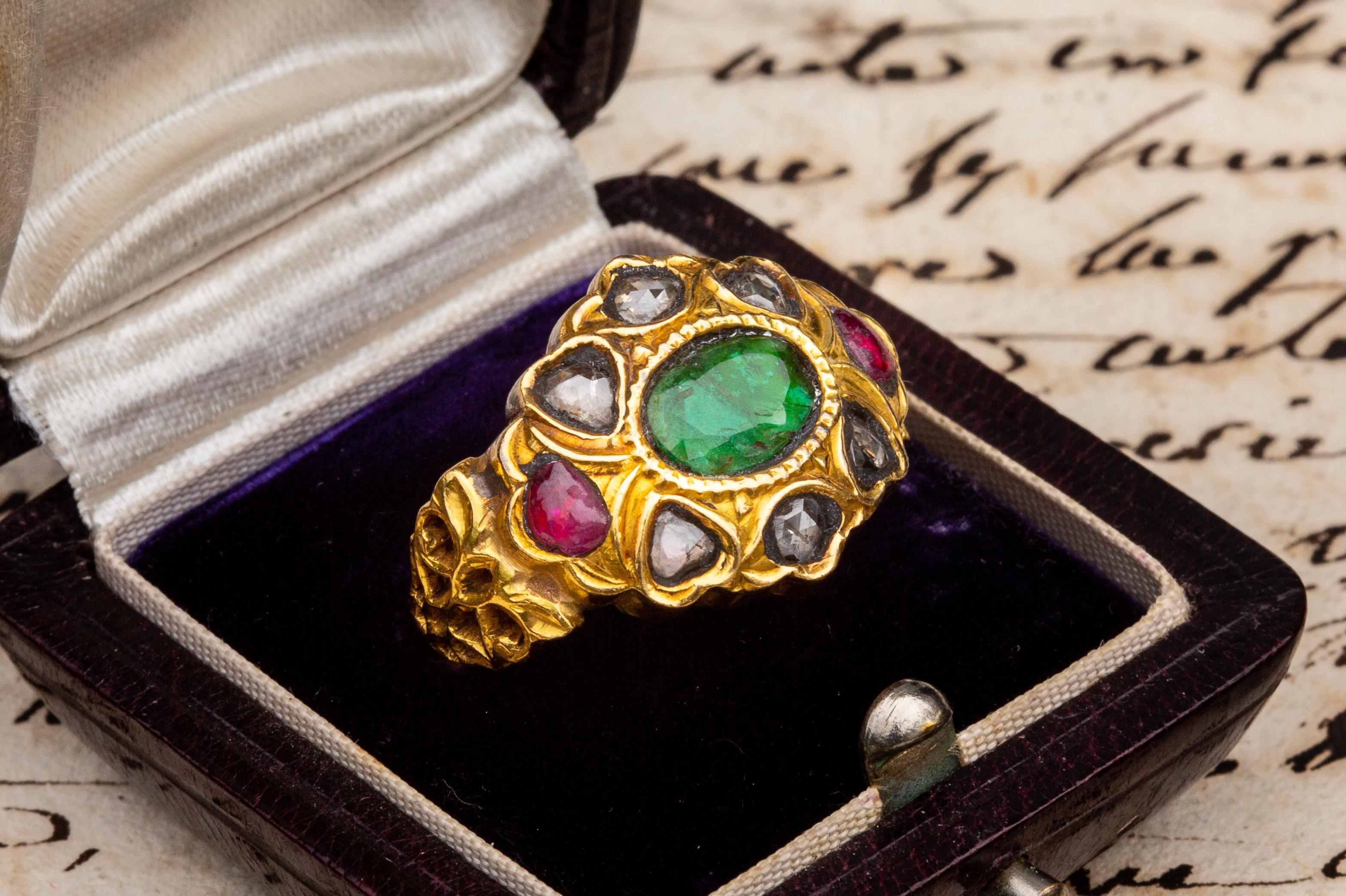 Mixed Cut 19th Century South Indian Gemstone Cluster Ring Emerald Rubies Diamond