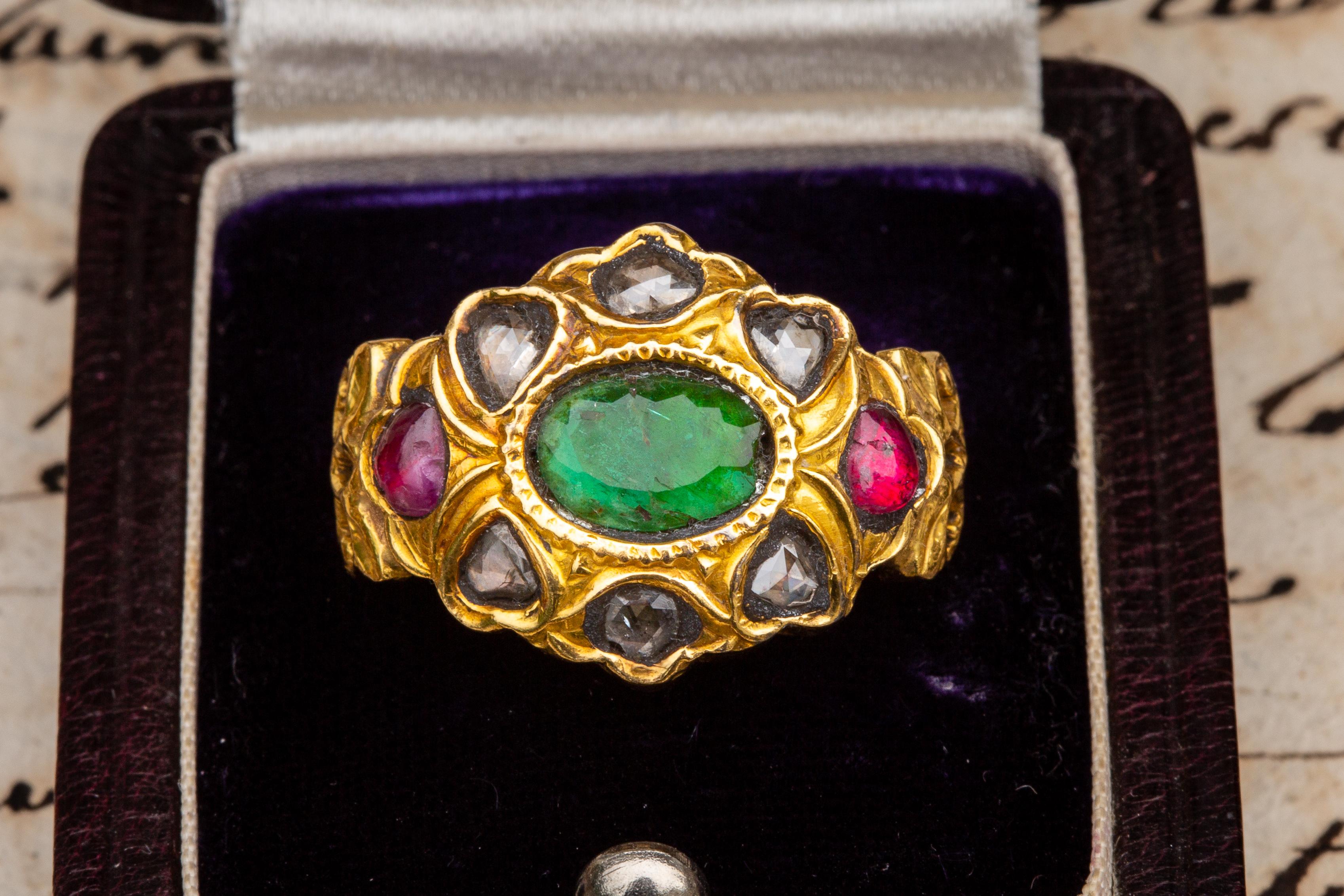 19th Century South Indian Gemstone Cluster Ring Emerald Rubies Diamond 1