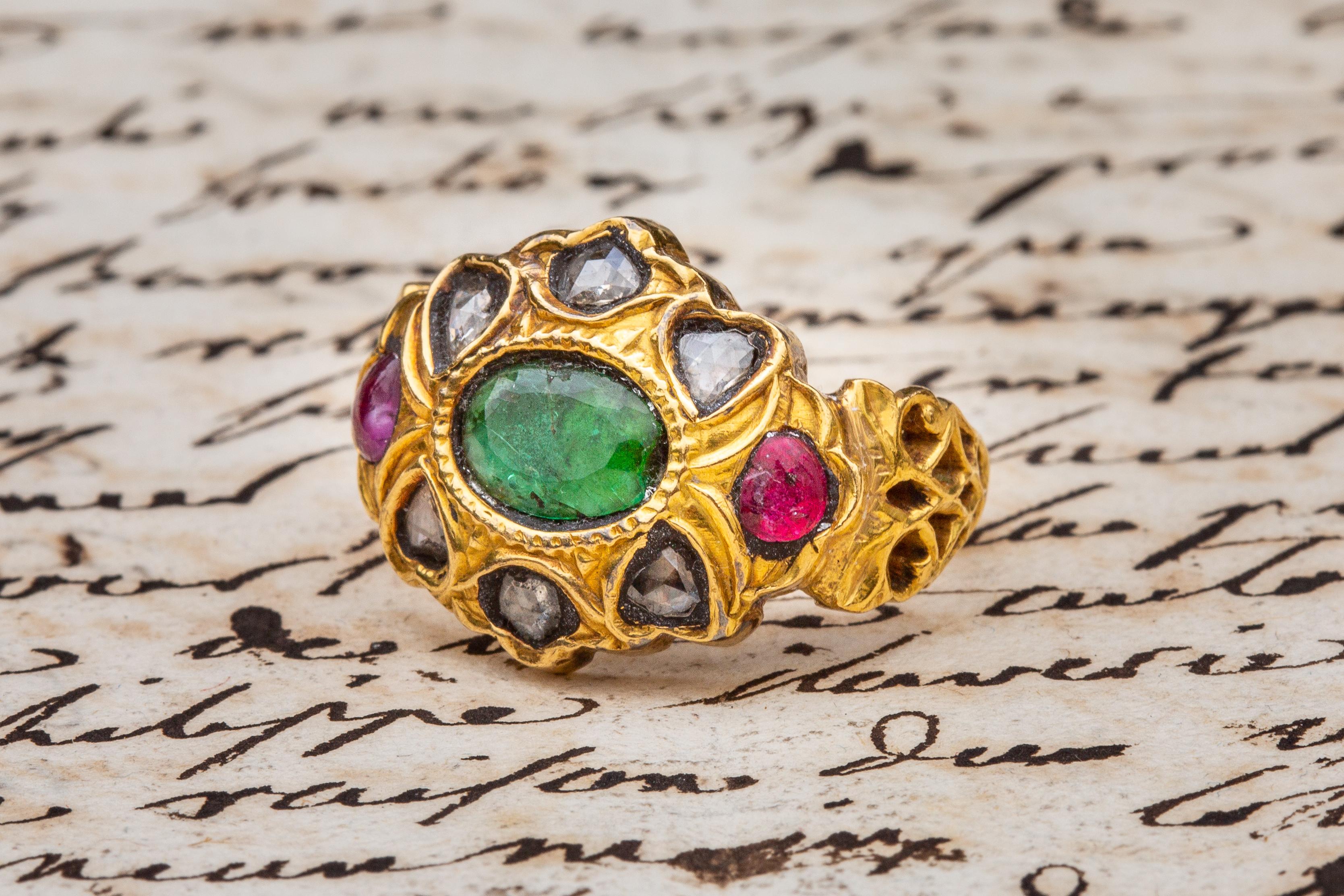 19th Century South Indian Gemstone Cluster Ring Emerald Rubies Diamond 2