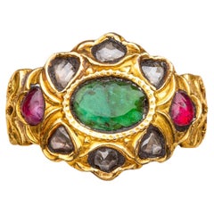 Antique 19th Century South Indian Gemstone Cluster Ring Emerald Rubies Diamond