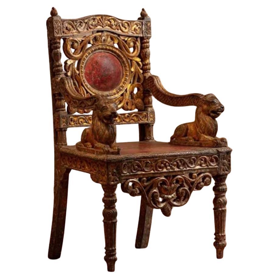 19th Century South Indian Giltwood and Polychrome Throne Chair