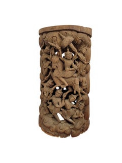 19th-Century Southeast Asian Hand-Carved Teak Temple Pillar Wrap Sculpture