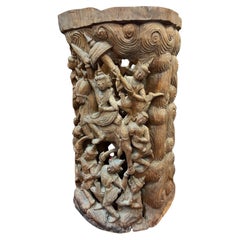 19th-Century Southeast Asian Hand-Carved Teak Temple Pillar Wrap Sculpture