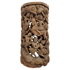 19th-Century Southeast Asian Hand-Carved Teak Temple Pillar Wrap Sculpture