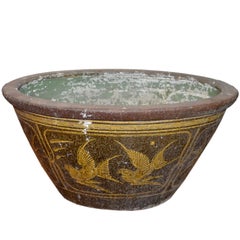 Südchinesische bemalte Keramik-Badwanne aus Annan mit griechischem Schlüssel aus dem 19. Jahrhundert
