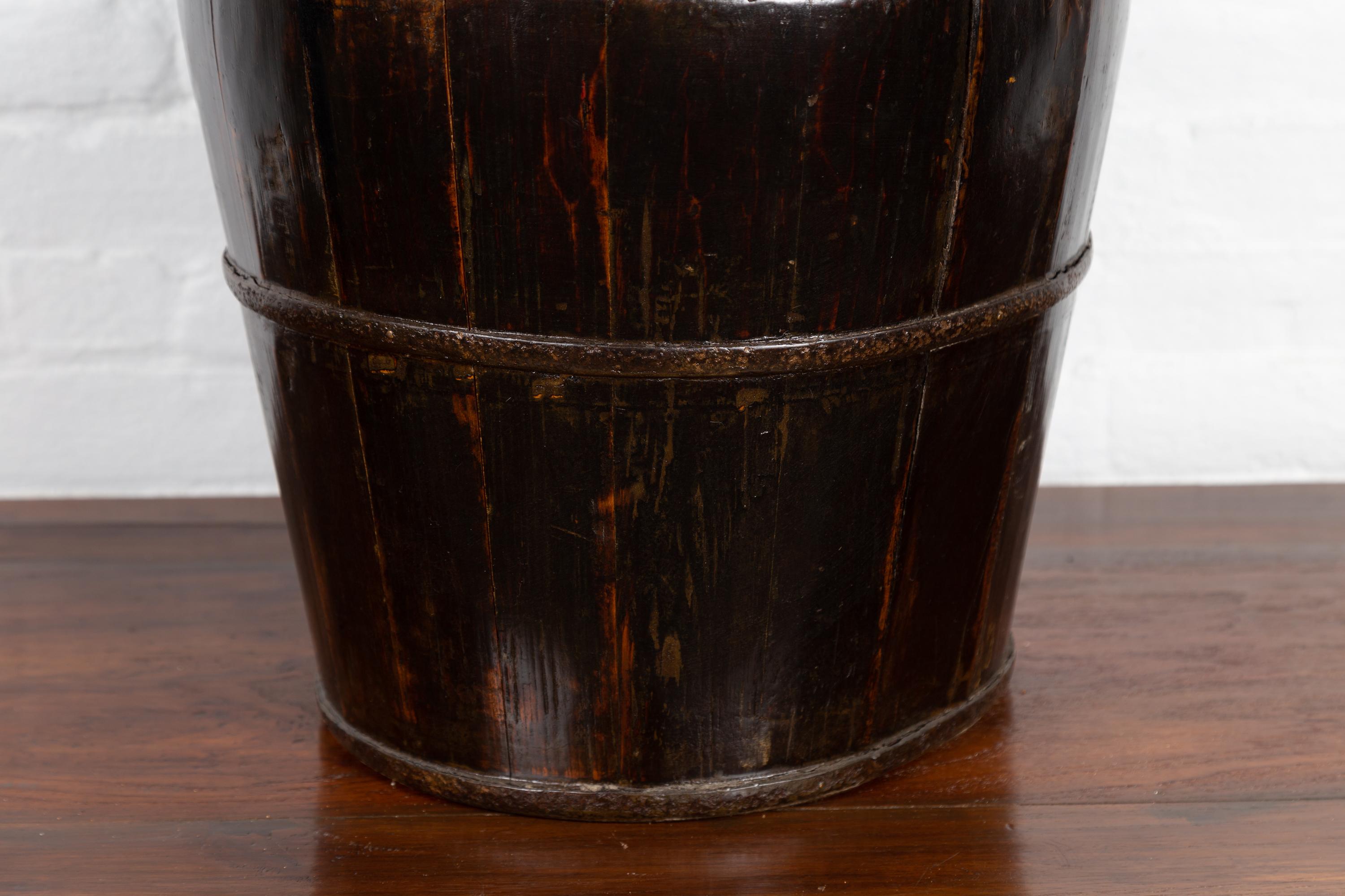19th Century Rustic Dark Wood Bucket with Large Handle and Metal Accents In Good Condition For Sale In Yonkers, NY
