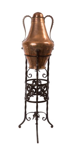 19th Century Spanish Arab Style Copper Two-Handled Jug with Wrought Iron Stand