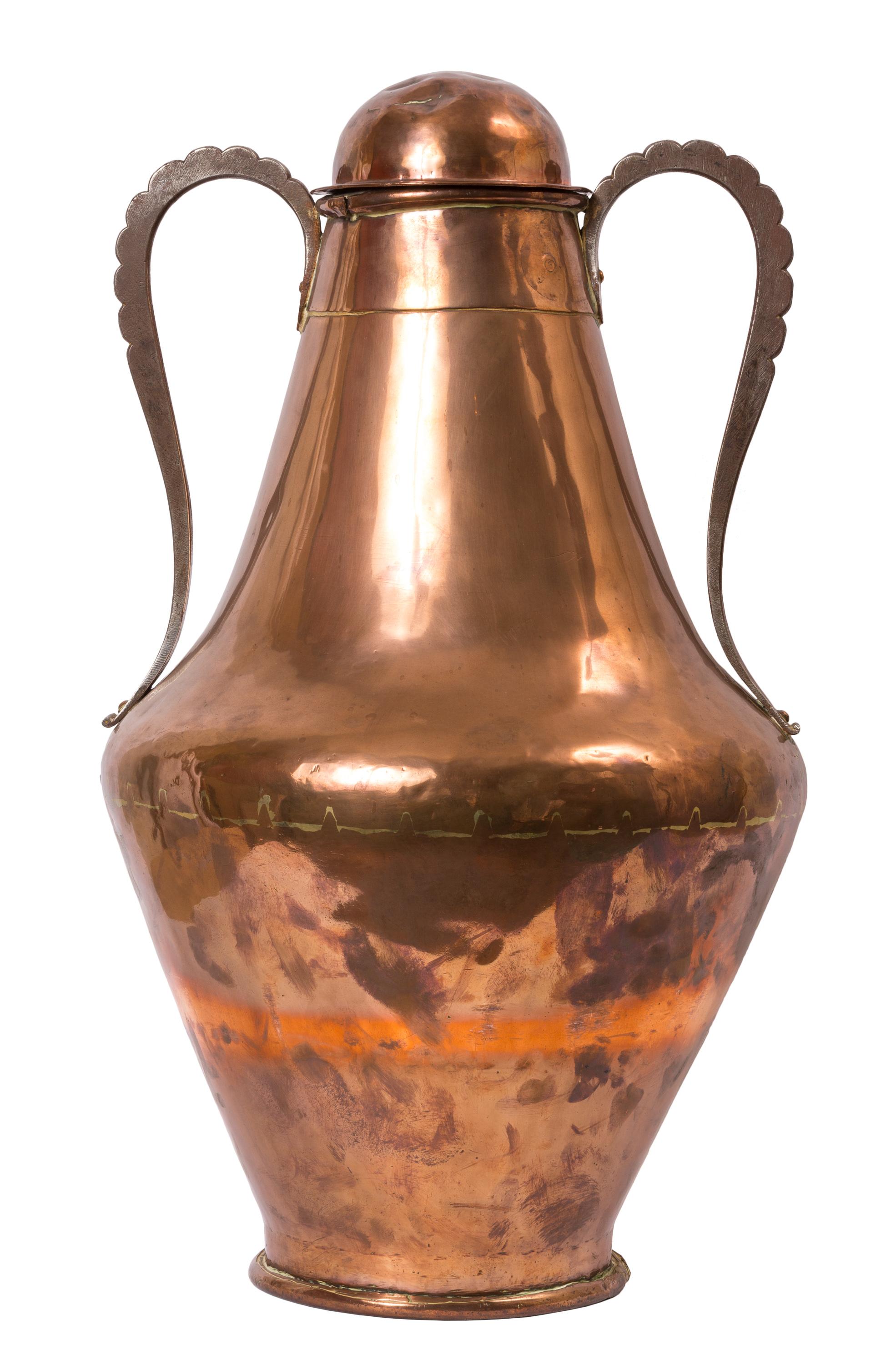 19th Century Spanish Arab Style Copper Two-Handled Jug with Wrought Iron Stand For Sale 1