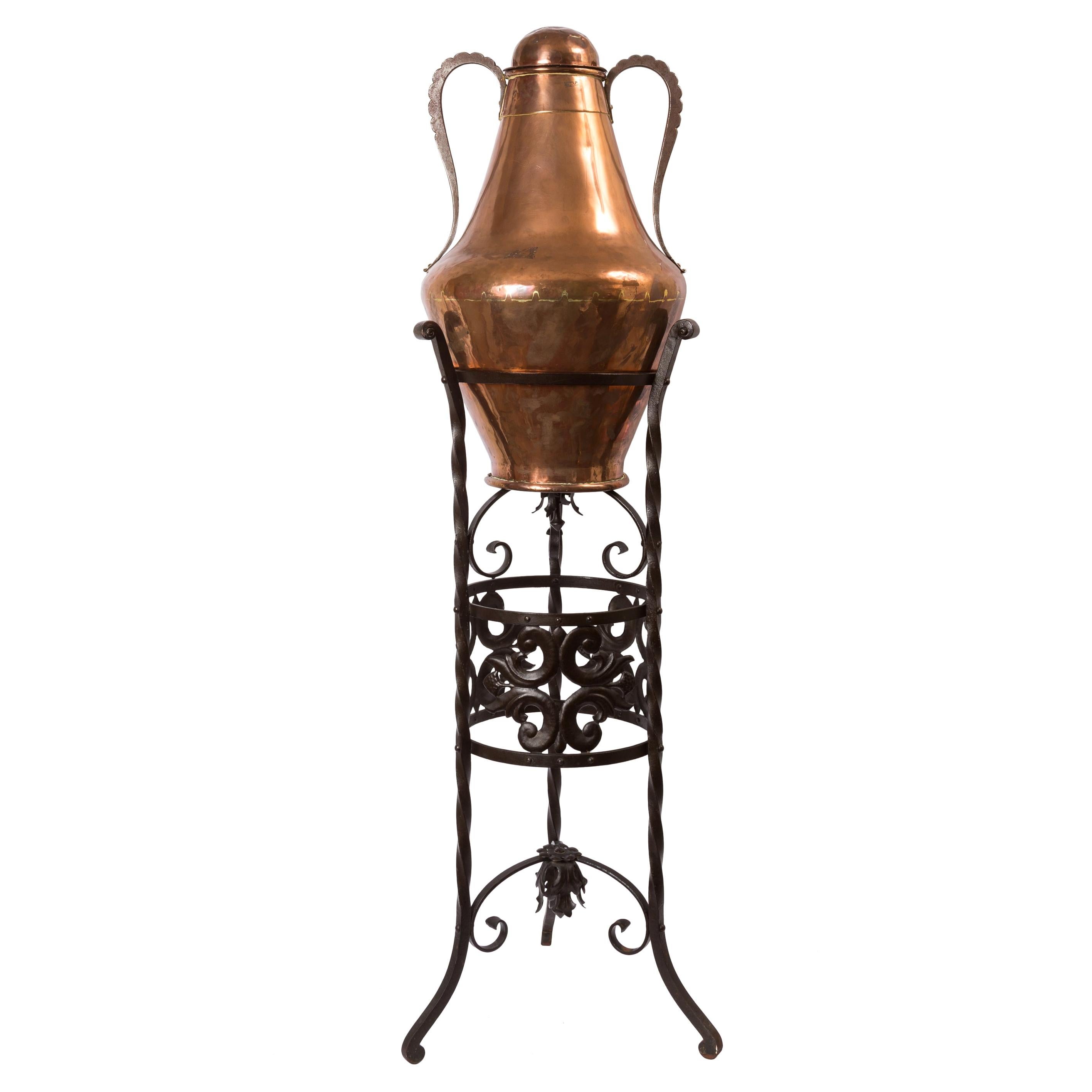 19th Century Spanish Arab Style Copper Two-Handled Jug with Wrought Iron Stand For Sale