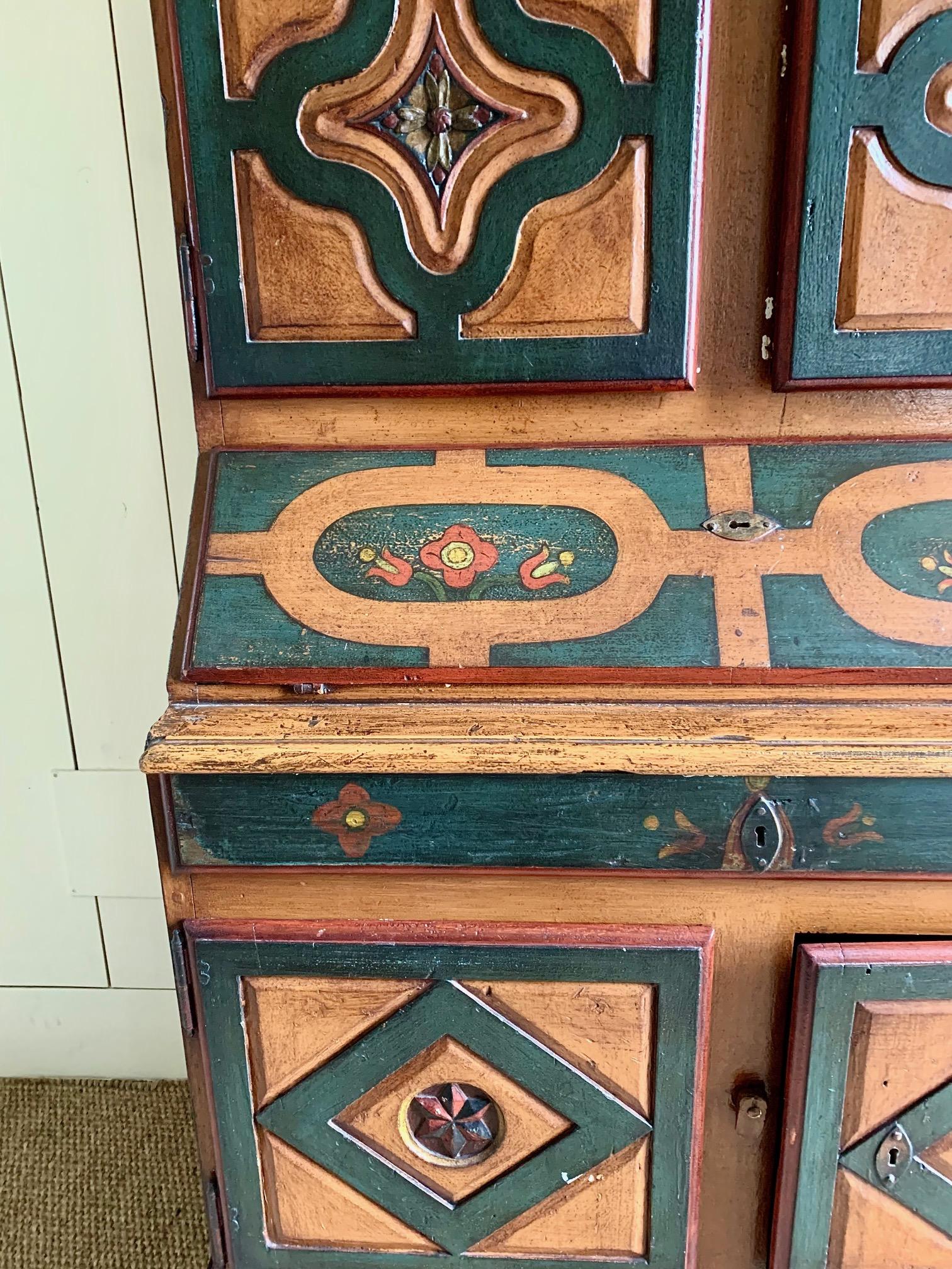 19th Century Spanish Aragonese Bookcase Cupboard, Carved Polychrome Pine Wood For Sale 8