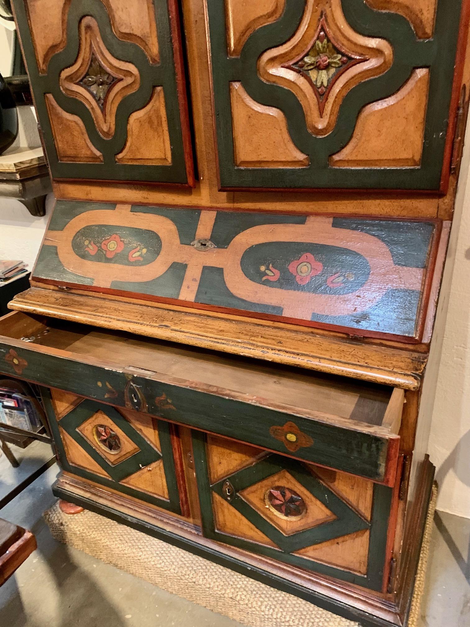 19th Century Spanish Aragonese Bookcase Cupboard, Carved Polychrome Pine Wood For Sale 11