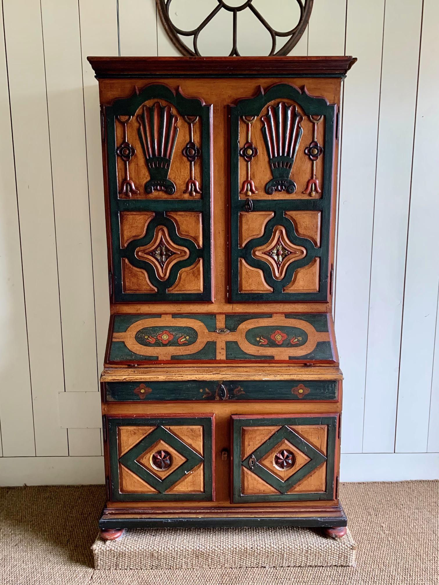 19th Century Spanish Aragonese Bookcase Cupboard, Carved Polychrome Pine Wood For Sale 13