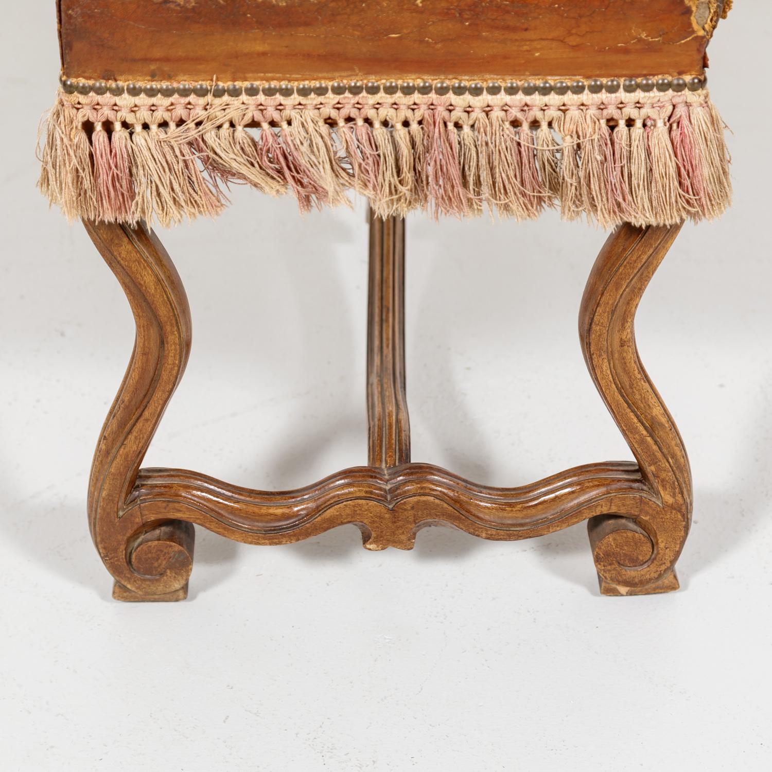 19th Century Spanish Backless Leather and Velvet Louis XIV Style Bench For Sale 7