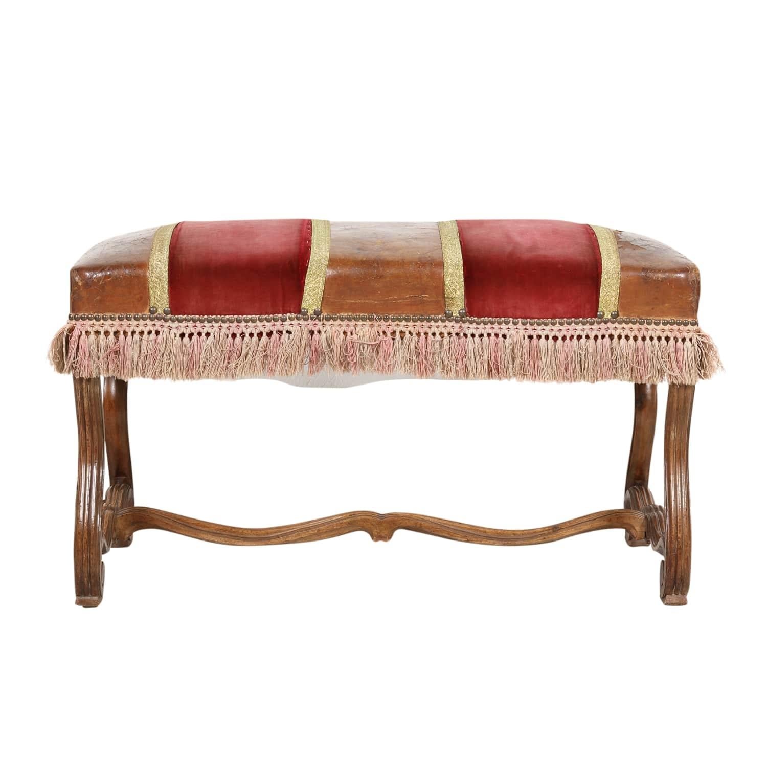 19th Century Spanish Backless Leather and Velvet Louis XIV Style Bench For Sale 9
