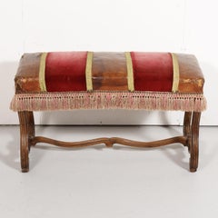 19th Century Spanish Backless Leather and Velvet Louis XIV Style Bench