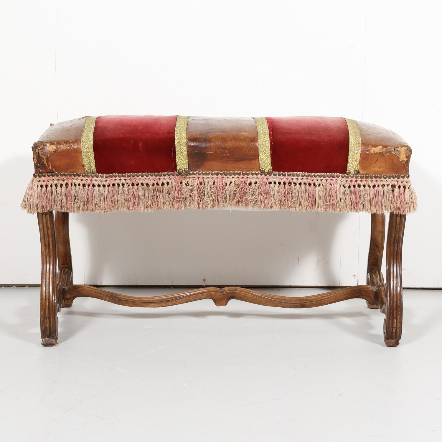 Late 19th Century 19th Century Spanish Backless Leather and Velvet Louis XIV Style Bench For Sale